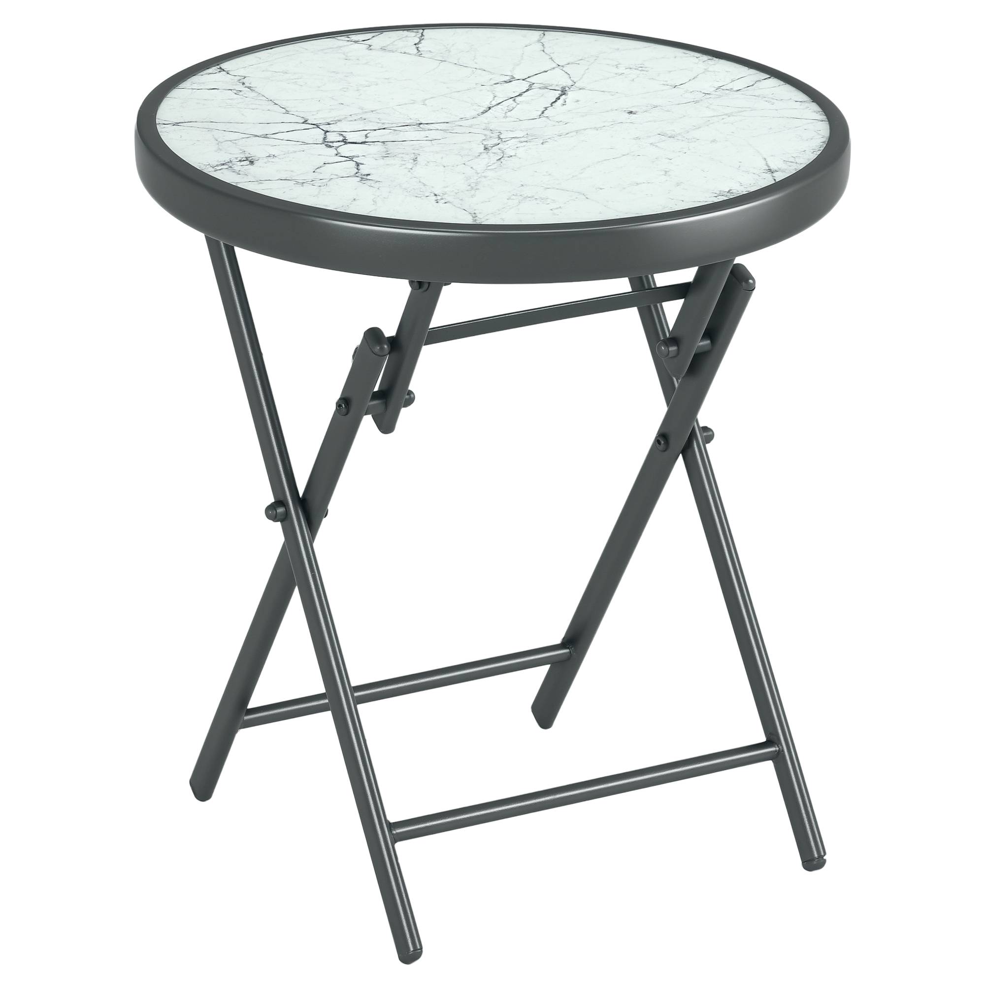 Sans Marque - Table basse pliante table d'appoint pliante plateau effet marbre en verre trempé structure métal ronde Ø45 x 50 cm blanc - Image 1