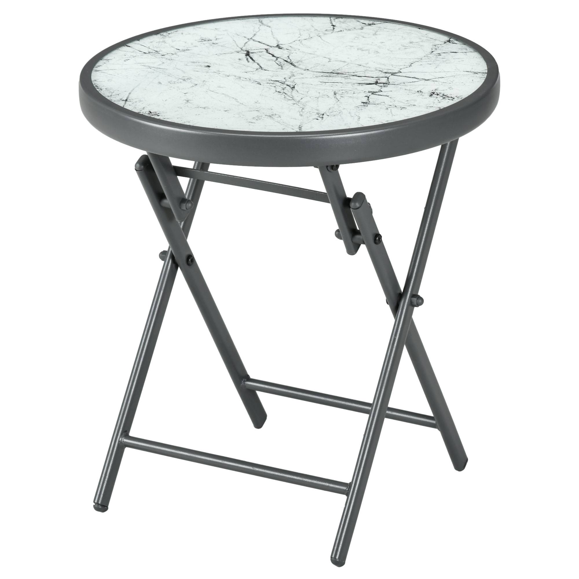 Sans Marque - Table basse pliante table d'appoint pliante plateau effet marbre en verre trempé structure métal ronde Ø45 x 50 cm blanc - Image 2