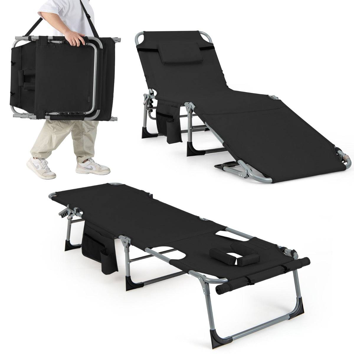 Helloshop26 - Chaise longue pliante à 5 positions repose-pieds réglables trou pour le visage oreiller amovible poche de rangement chaise pliable et légère noir - Image 1