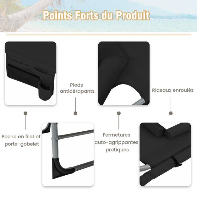 Helloshop26 - Chaise longue pliante à 5 positions repose-pieds réglables trou pour le visage oreiller amovible poche de rangement chaise pliable et légère noir - Image 3