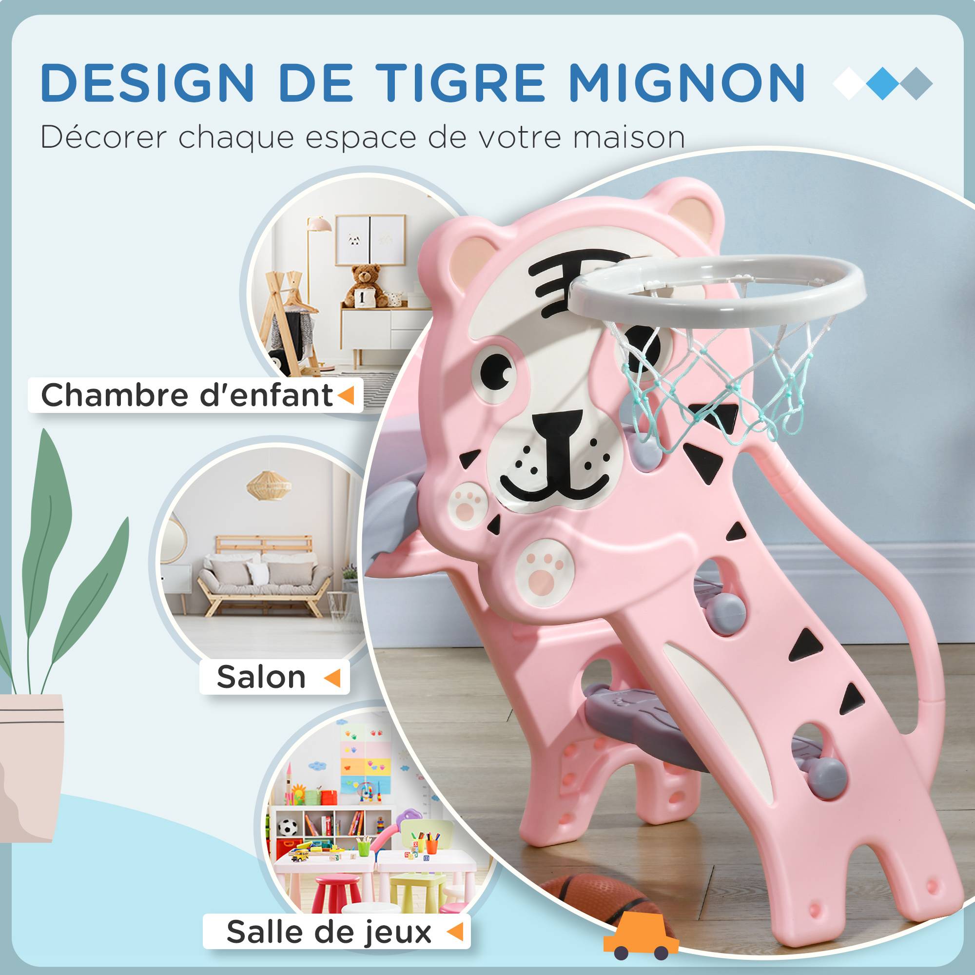 Toboggan pour enfants, toboggan intérieur pour enfants, avec panier de basket, thème tigre, de 18 à 36 mois, rose - Image 7