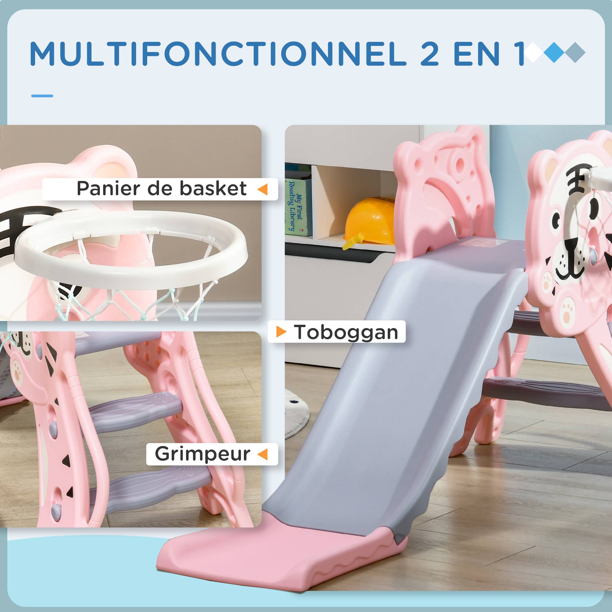 Toboggan pour enfants, toboggan intérieur pour enfants, avec panier de basket, thème tigre, de 18 à 36 mois, rose - Image 6