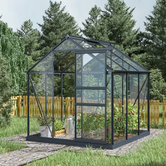 Serre de jardin 3,5m² aluminium anthracite verre trempé 4mm avec embase Green Protect Rinca - Image 2