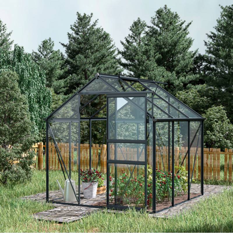 Serre de jardin 3,5m² aluminium anthracite verre trempé 4mm avec embase Green Protect Rinca - Image 3