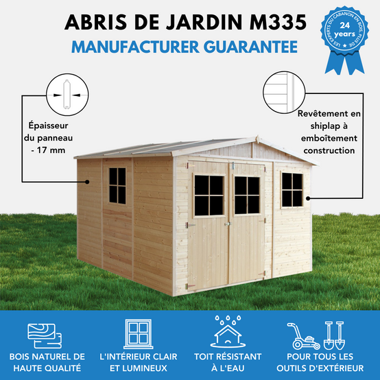 Timbela - Abri de Jardin en Bois Naturel H226x316x324 cm/9 m² avec fenêtres - Atelier rangement outils et vélos - 17 mm d’épaisseur - Timbela M335 - Image 9