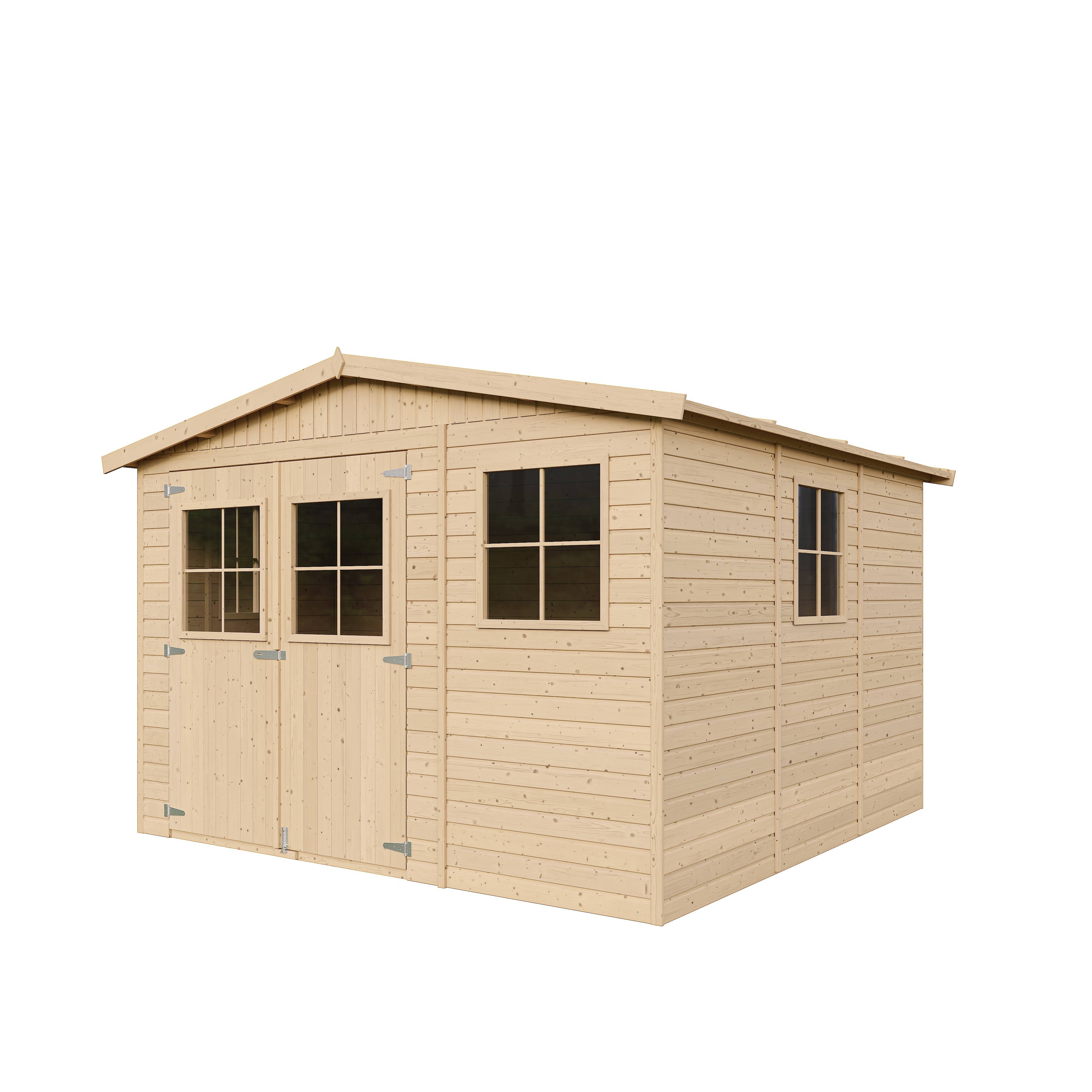 Timbela - Abri de Jardin en Bois Naturel H226x316x324 cm/9 m² avec fenêtres - Atelier rangement outils et vélos - 17 mm d’épaisseur - Timbela M335 - Image 4