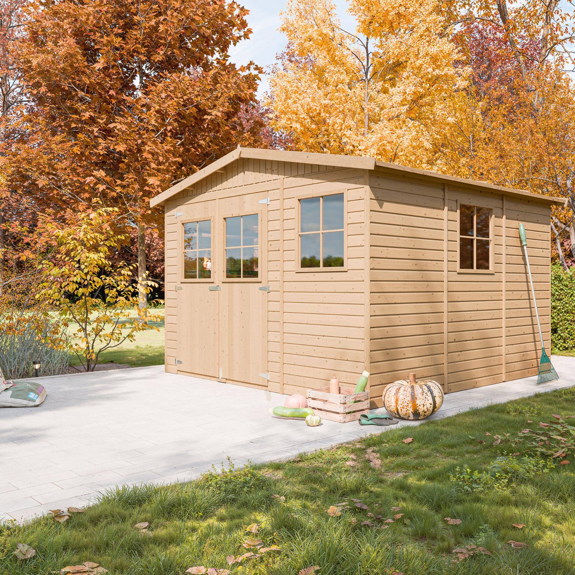 Timbela - Abri de Jardin en Bois Naturel H226x316x324 cm/9 m² avec fenêtres - Atelier rangement outils et vélos - 17 mm d’épaisseur - Timbela M335 - Image 1
