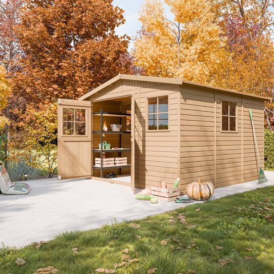 Timbela - Abri de Jardin en Bois Naturel H226x316x324 cm/9 m² avec fenêtres - Atelier rangement outils et vélos - 17 mm d’épaisseur - Timbela M335 - Image 5