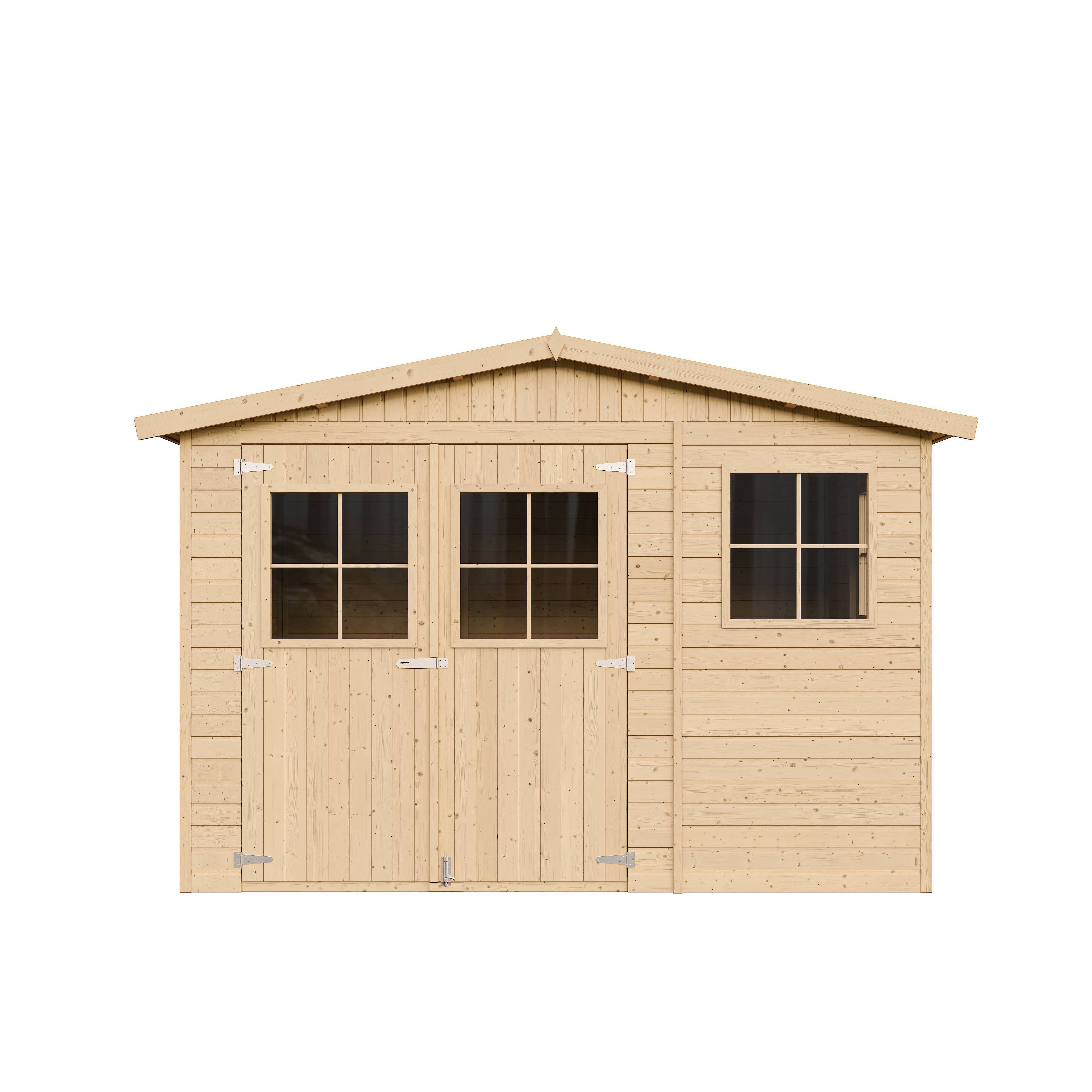 Timbela - Abri de Jardin en Bois Naturel H226x316x324 cm/9 m² avec fenêtres - Atelier rangement outils et vélos - 17 mm d’épaisseur - Timbela M335 - Image 3