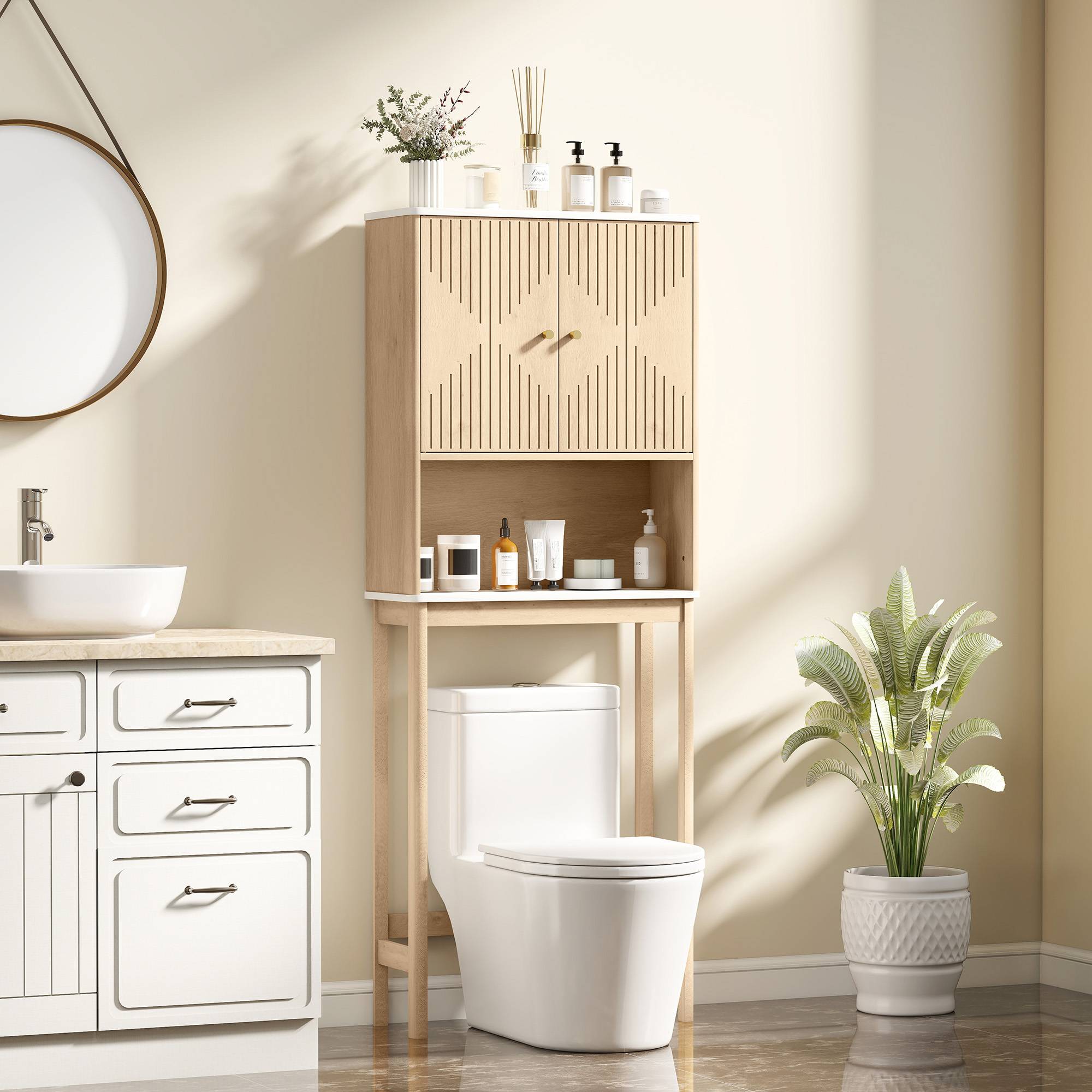 Sans Marque - Meuble WC dessus toilette meuble toilettes WC rangement placard double porte étagères 66x25x168 cm chêne - Image 3