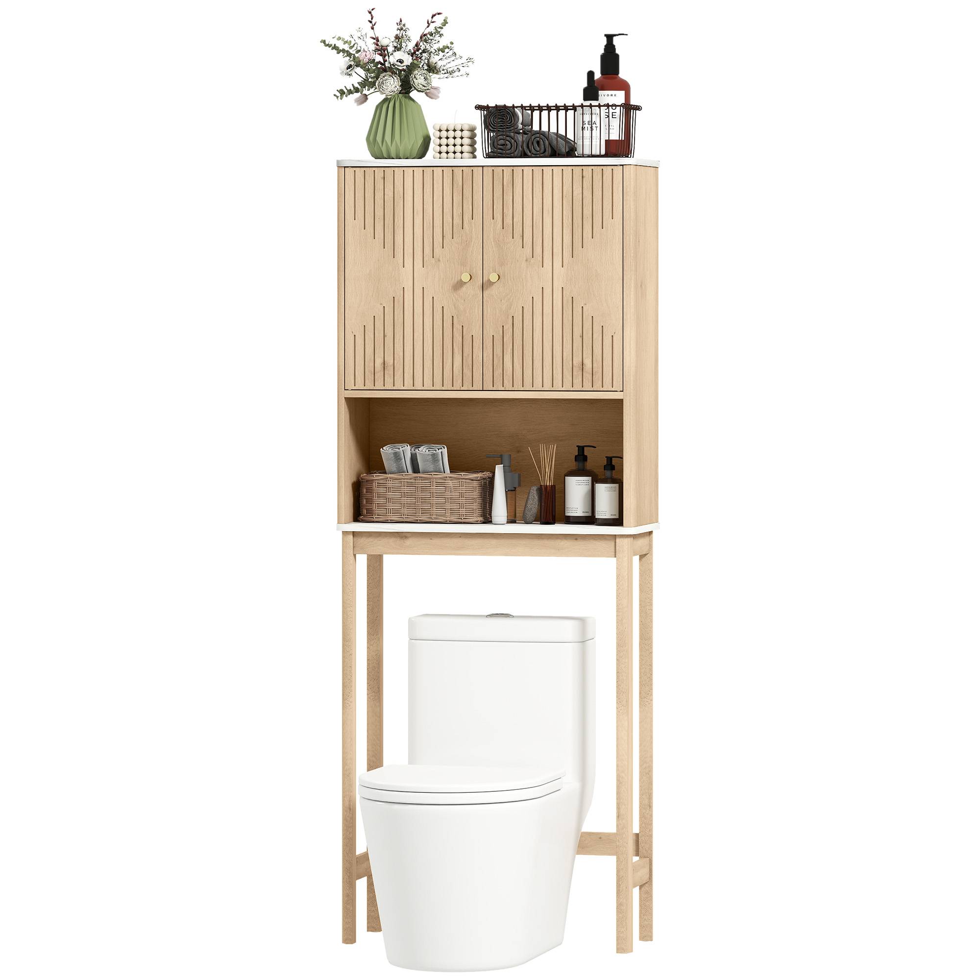 Sans Marque - Meuble WC dessus toilette meuble toilettes WC rangement placard double porte étagères 66x25x168 cm chêne - Image 2