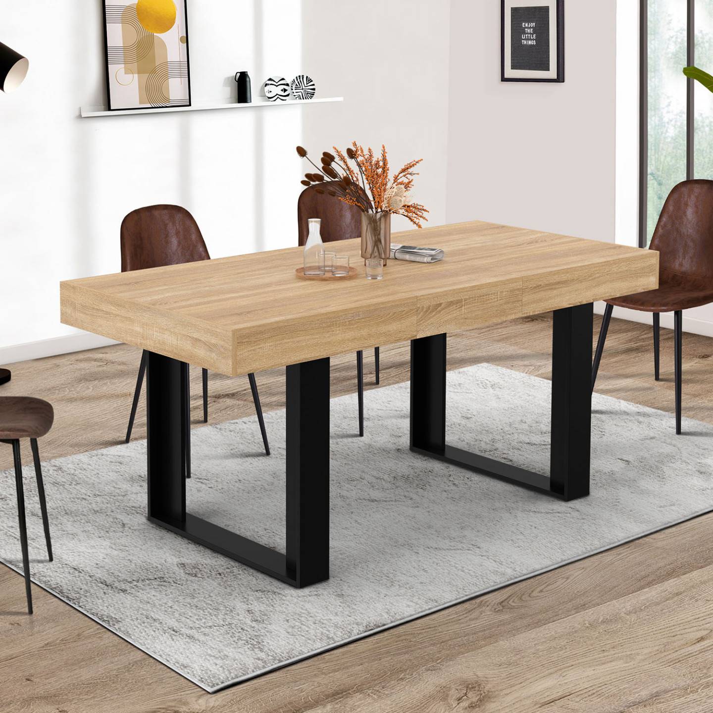 Table Basse Rectangulaire PHOENIX 110 Cm - Plateau Bois Et Pieds Noirs - Style Industriel Moderne