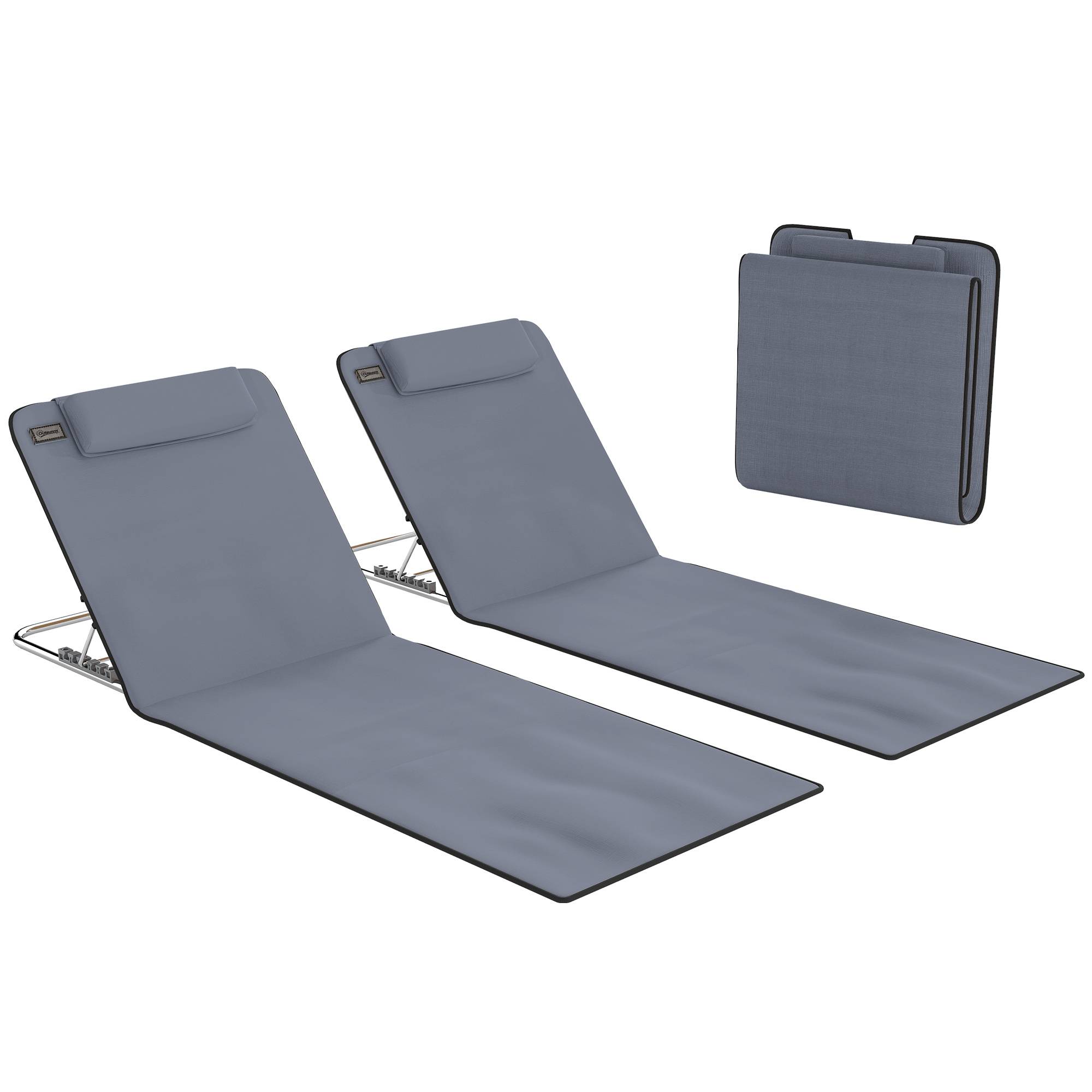Ensemble de 2 matelas de couchage avec dossier inclinable, appui-tête et sac de transport 134 x 48 x 33-43 cm Gris - Image 1