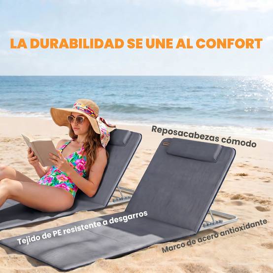 Ensemble de 2 matelas de couchage avec dossier inclinable, appui-tête et sac de transport 134 x 48 x 33-43 cm Gris - Image 8