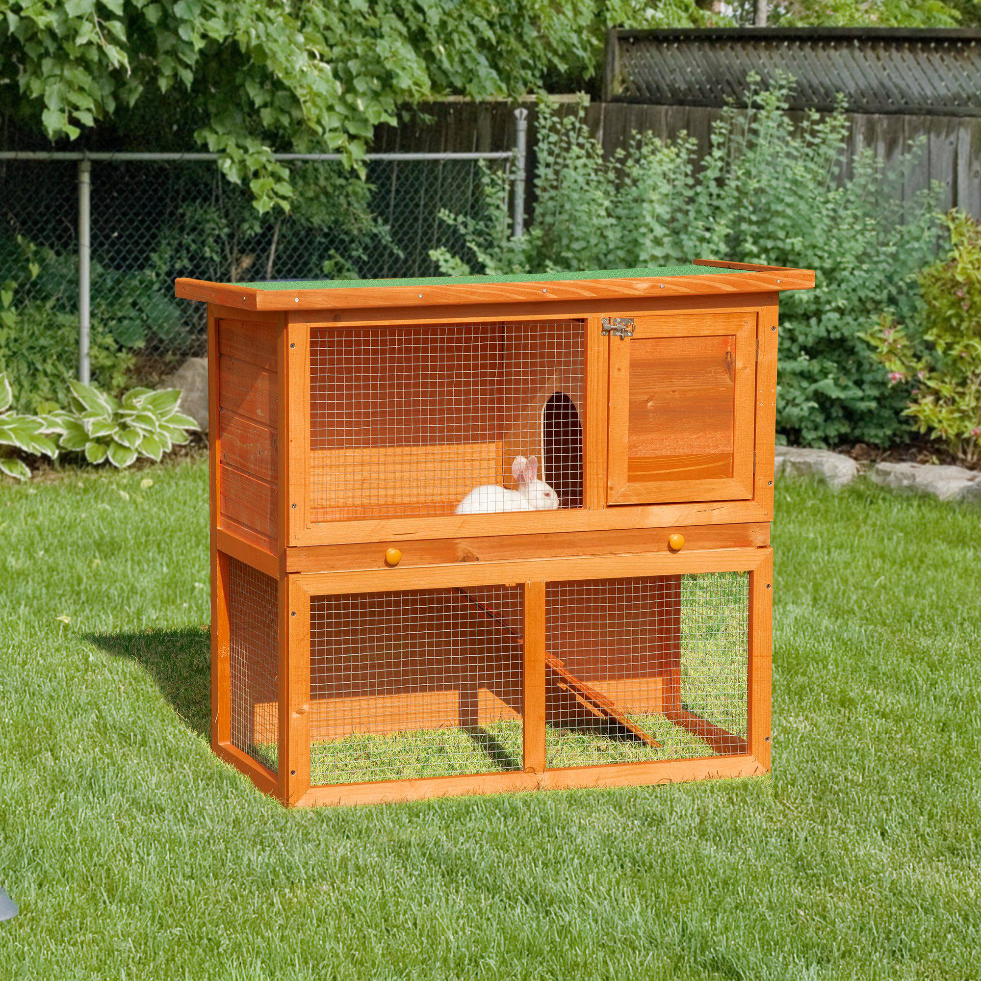 Clapier en Bois à 2 Niveaux pour Lapin avec Enclos et Rampe 90x45x80cm Naturel et Vert - ComfortXL Outdoor Living - Image 3