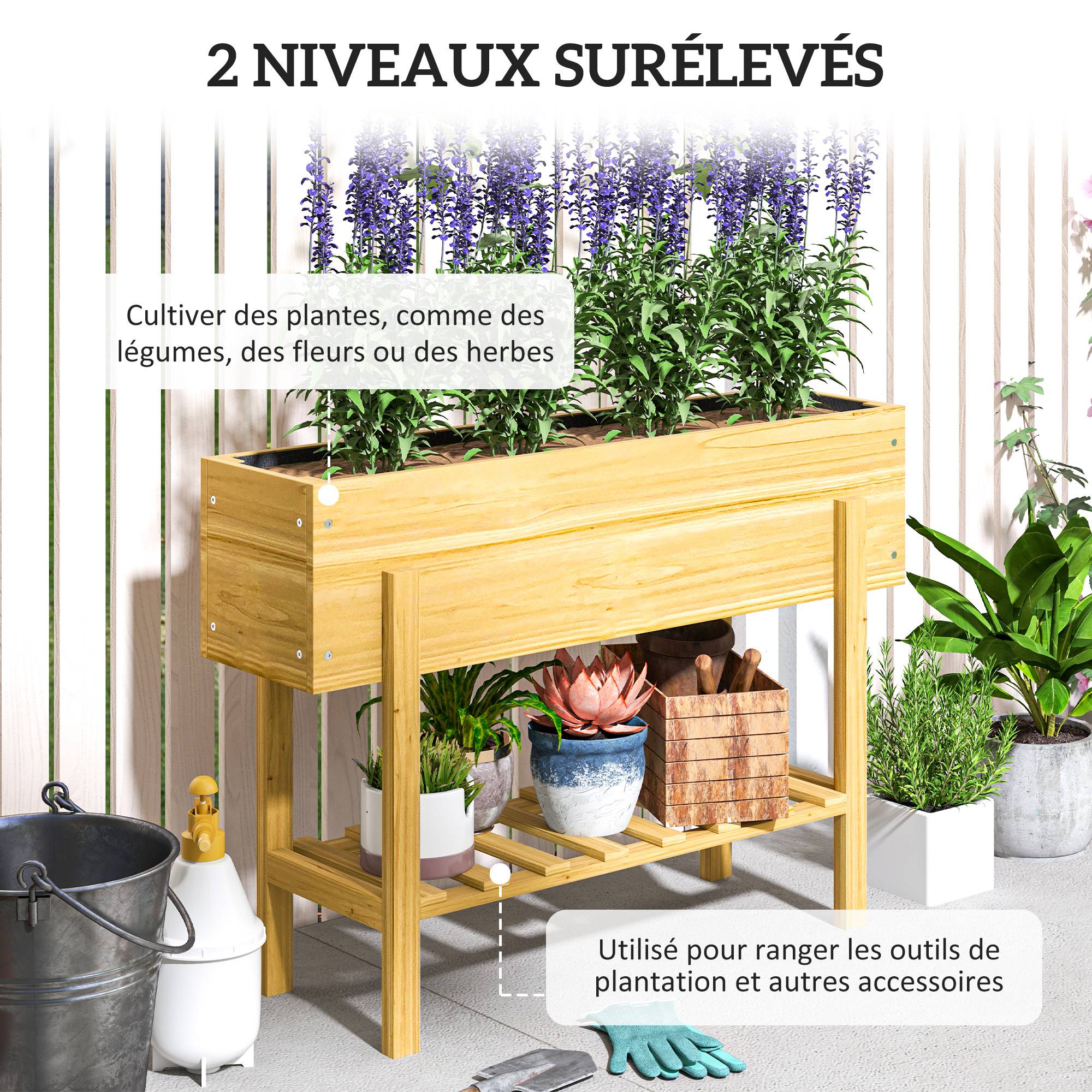 Sans Marque - Jardinière sur pieds carré potager de jardin sur pieds avec 2 trous de drainage en bois 100 x 30 x 70,5 cm bois naturel - Image 6