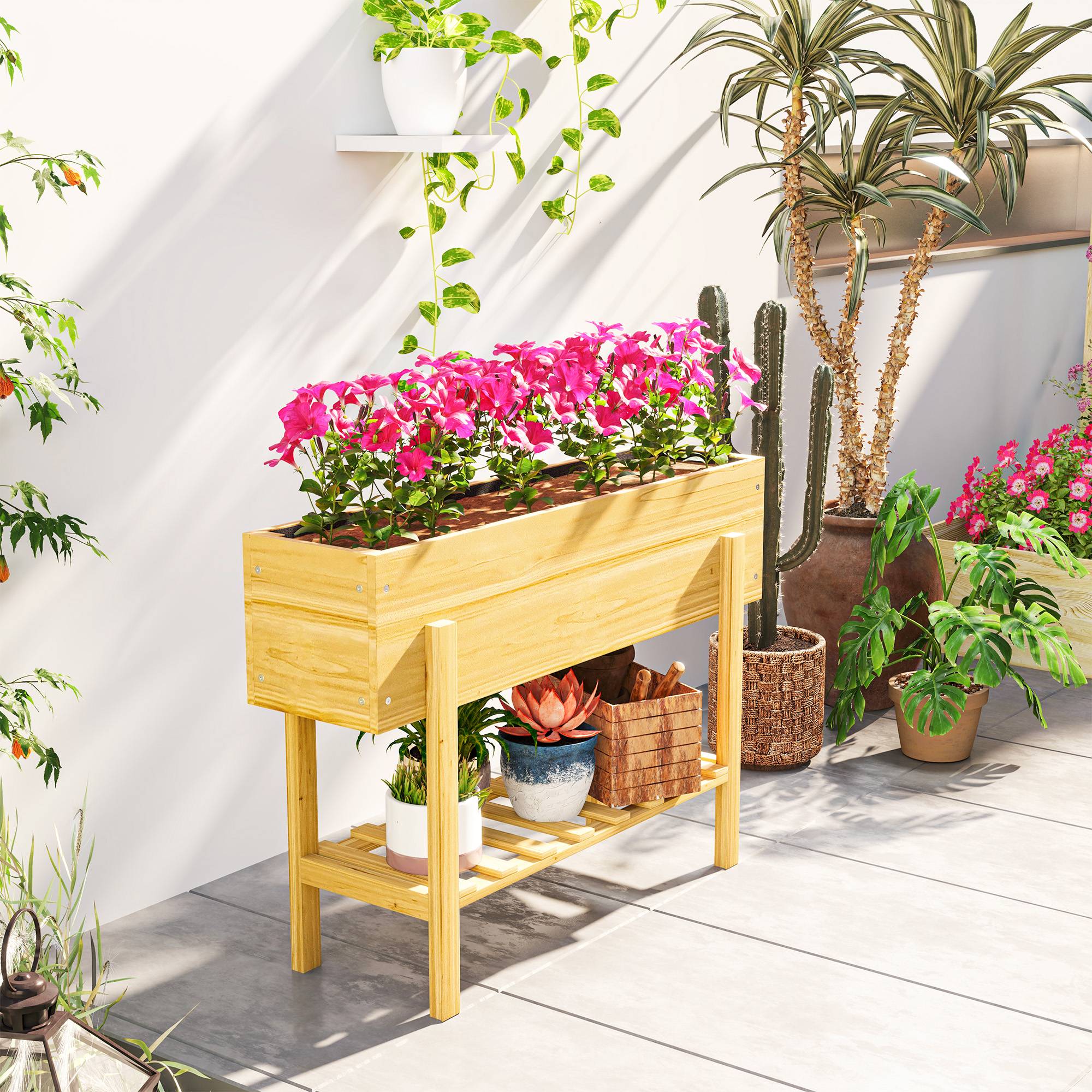 Sans Marque - Jardinière sur pieds carré potager de jardin sur pieds avec 2 trous de drainage en bois 100 x 30 x 70,5 cm bois naturel - Image 10