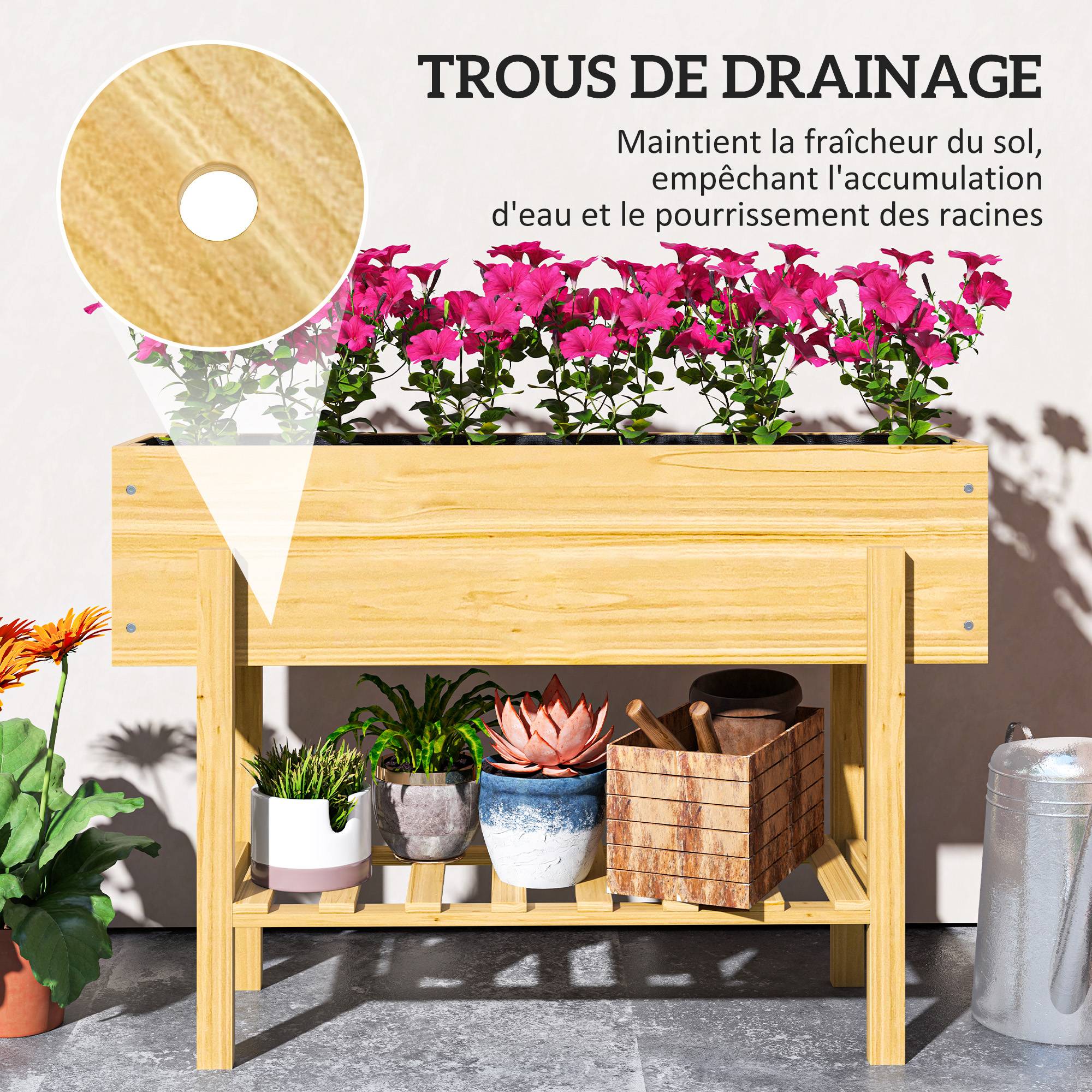 Sans Marque - Jardinière sur pieds carré potager de jardin sur pieds avec 2 trous de drainage en bois 100 x 30 x 70,5 cm bois naturel - Image 7