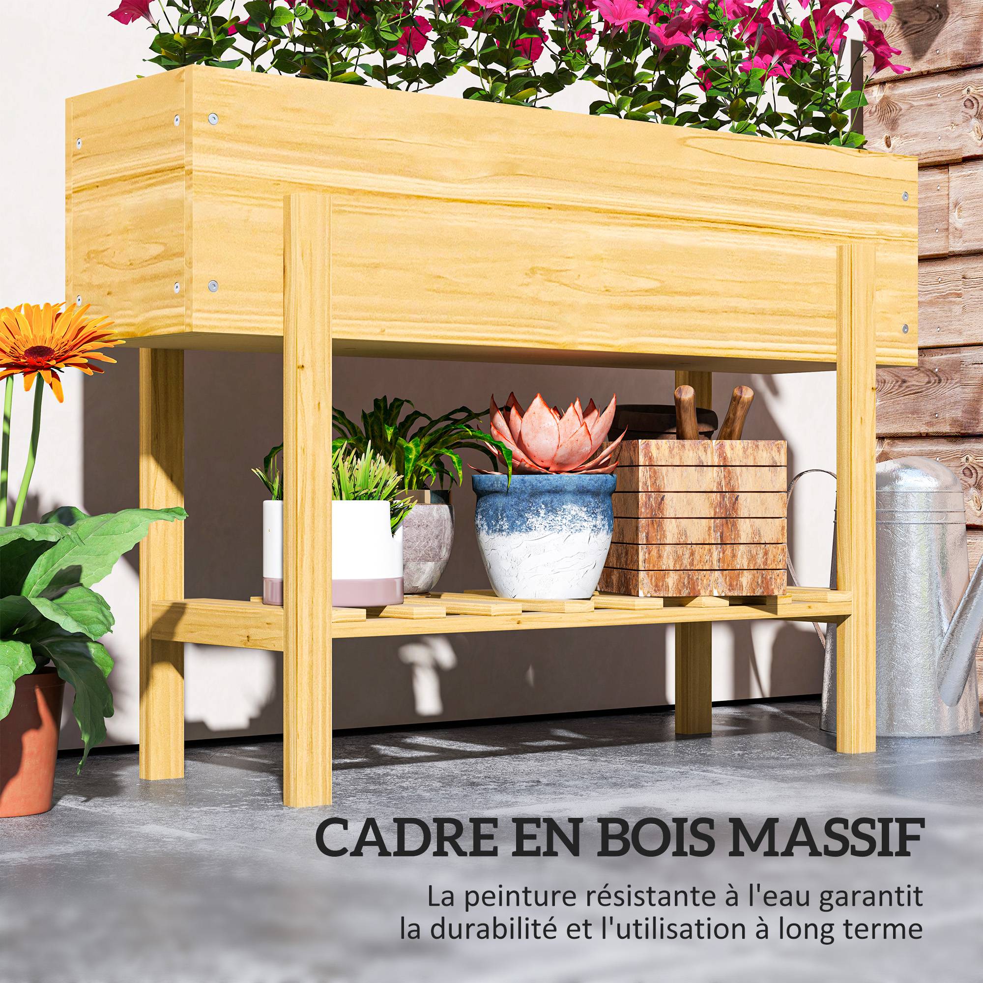 Sans Marque - Jardinière sur pieds carré potager de jardin sur pieds avec 2 trous de drainage en bois 100 x 30 x 70,5 cm bois naturel - Image 9