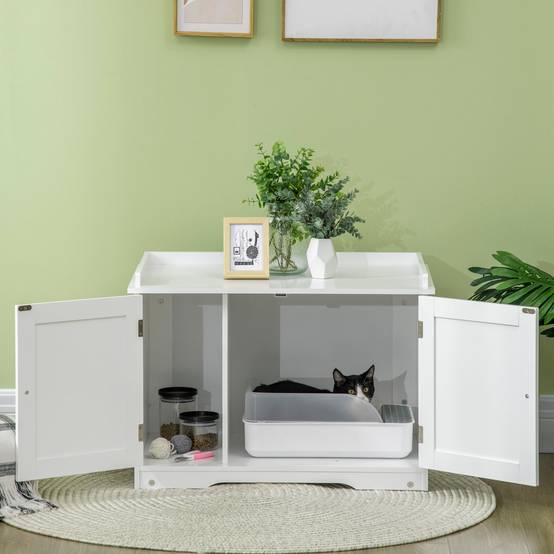 Sans Marque - Bac à litière pour chat, maison pour chat, avec cloison, double porte magnétique, étagère latérale, blanc, 86 x 48 x 52 cm - Image 3