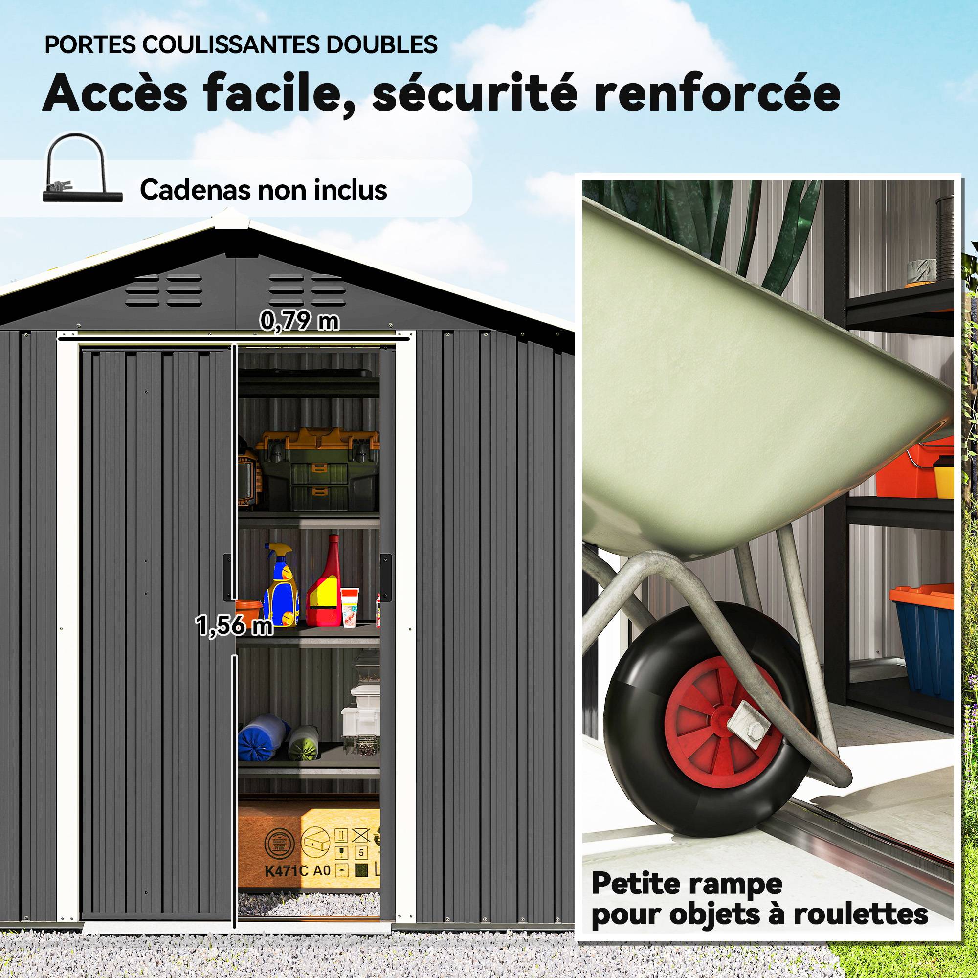 ComfortXL - Abri de jardin acier galvanisé rangement outils double porte 194x107x191cm gris - ComfortXL Outdoor Living - Image 7
