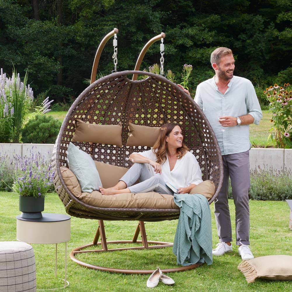 Fauteuil suspendu en polyrotin avec housse de pluie HOME DELUXE TWIN - marron (pour 2 personnes, ensemble complet) - Image 3