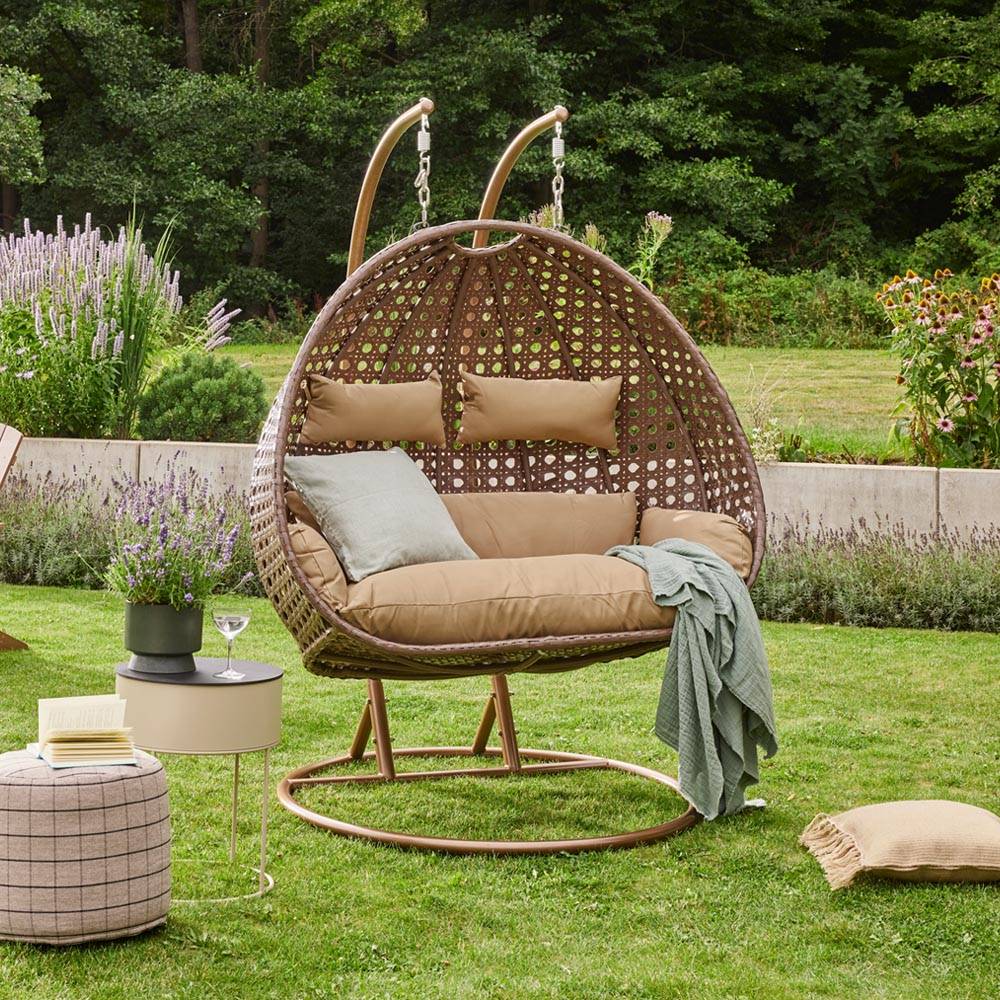 Fauteuil suspendu en polyrotin avec housse de pluie HOME DELUXE TWIN - marron (pour 2 personnes, ensemble complet) - Image 4