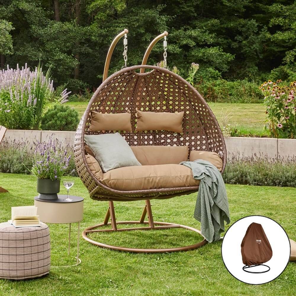 Fauteuil suspendu en polyrotin avec housse de pluie HOME DELUXE TWIN - marron (pour 2 personnes, ensemble complet) - Image 1