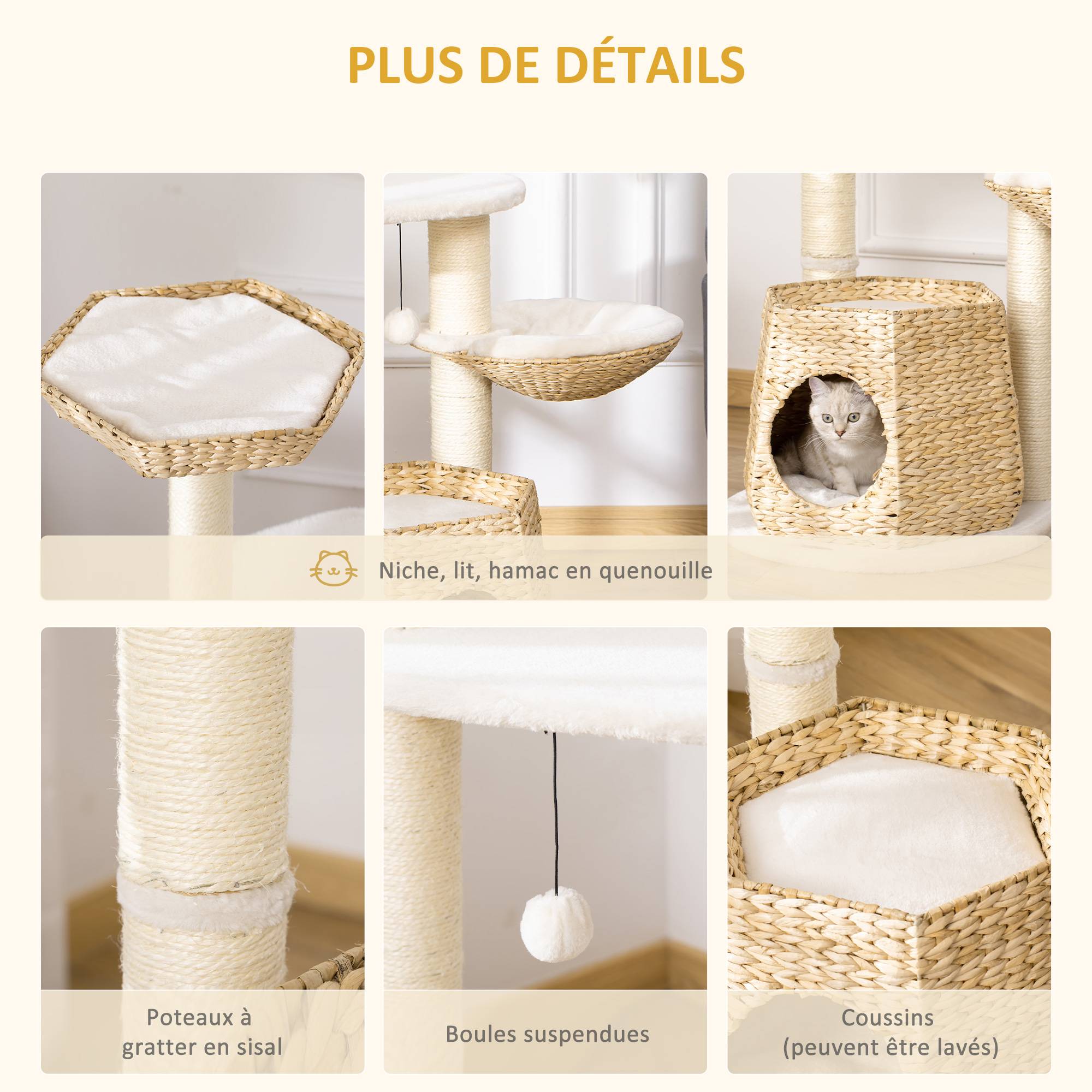 Pawhut - Arbre à chat style cosy chic griffoirs sisal naturel niche 2 paniers avec coussins plateforme boules suspendues quenouille peluche courte crème beige - Image 5