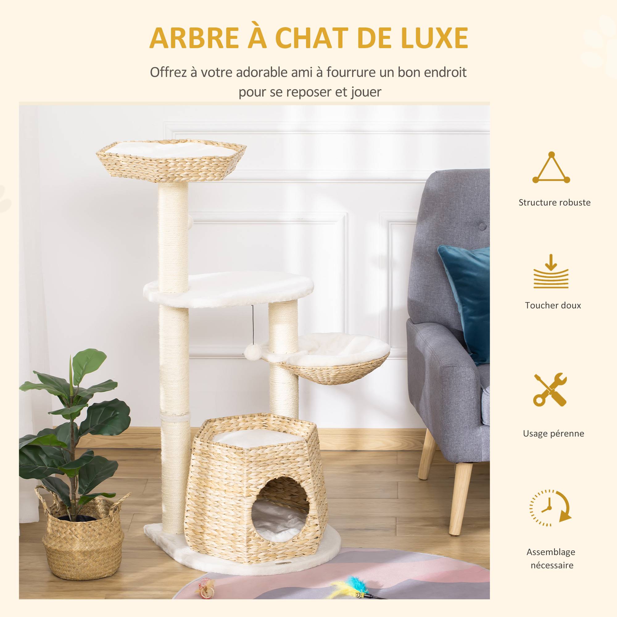 Pawhut - Arbre à chat style cosy chic griffoirs sisal naturel niche 2 paniers avec coussins plateforme boules suspendues quenouille peluche courte crème beige - Image 4