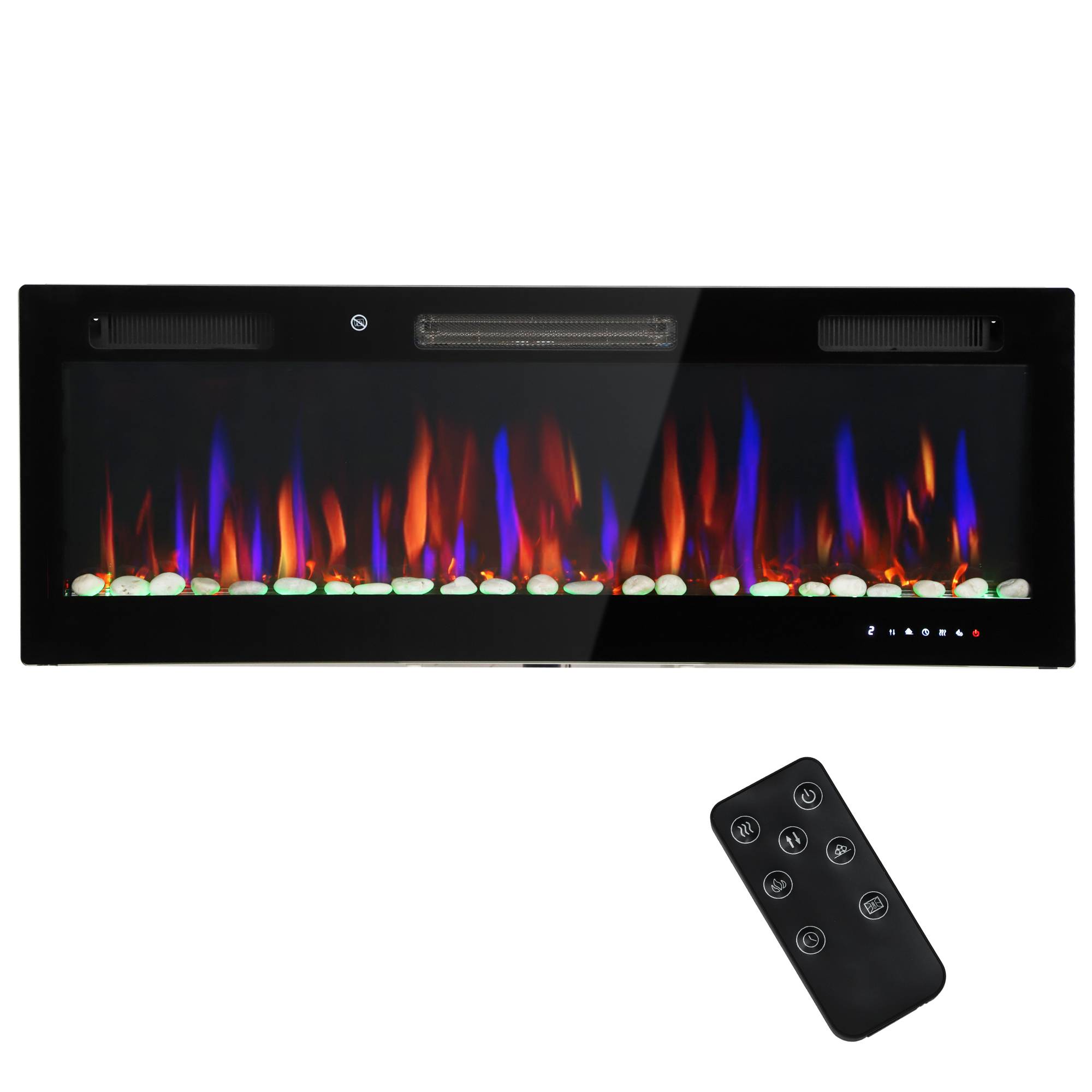 Cheminée électrique murale encastrable ultrafine flamme 3D luminosité/vitesse réglable 12 couleurs galets 900/1800W - Image 1