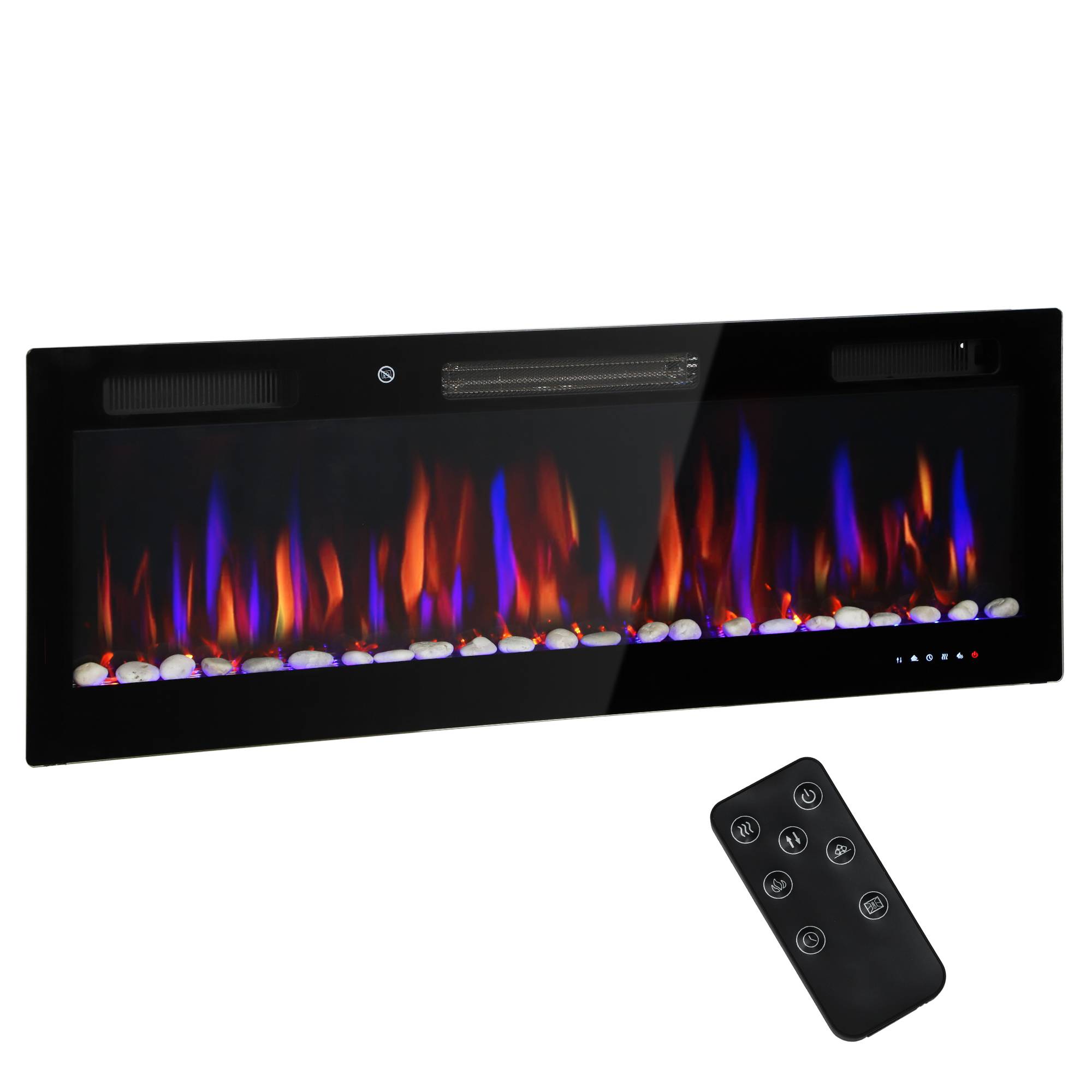 Cheminée électrique murale encastrable ultrafine flamme 3D luminosité/vitesse réglable 12 couleurs galets 900/1800W - Image 2