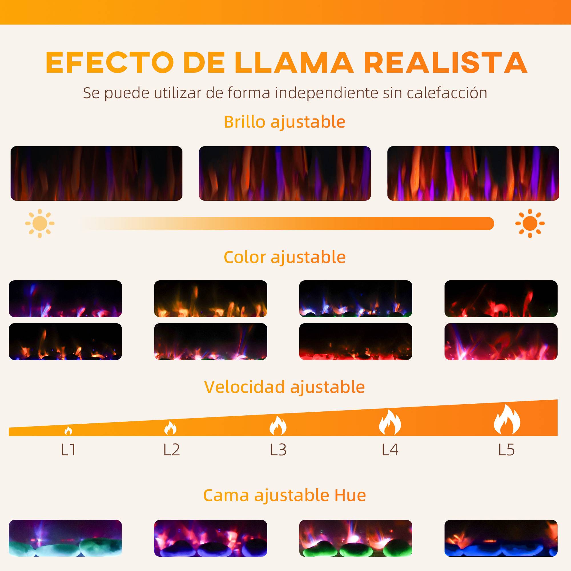 Cheminée électrique murale encastrable ultrafine flamme 3D luminosité/vitesse réglable 12 couleurs galets 900/1800W - Image 6