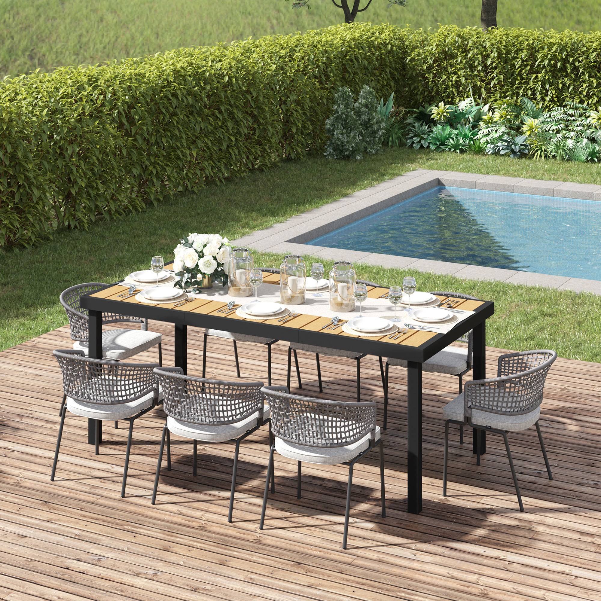 Outsunny - Table de jardin rectangulaire pour 8 personnes en aluminium plateau PE à lattes aspect bois dim. 190L x 90l x 74H cm noir - Image 2