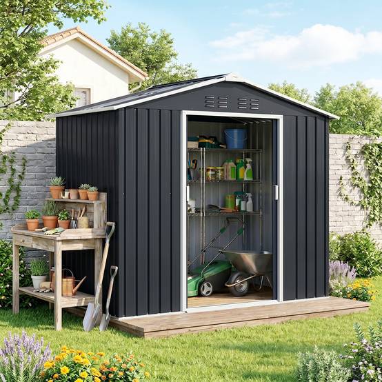 Abri de jardin en métal 2,77 m² cabane de jardin 213 x 130 x 185 cm avec fondation, porte coulissante gris foncé - Image 4