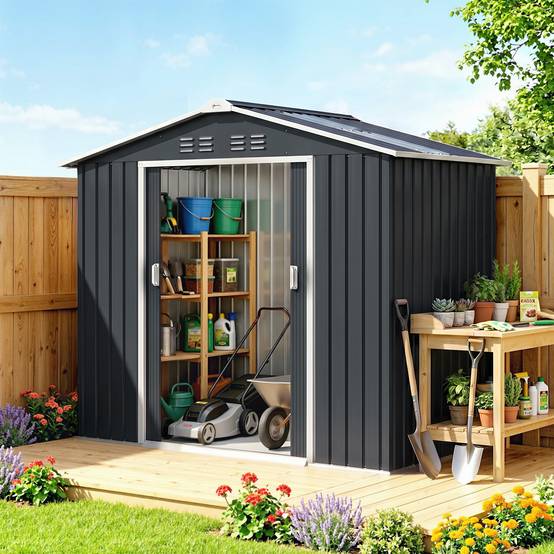 Abri de jardin en métal 2,77 m² cabane de jardin 213 x 130 x 185 cm avec fondation, porte coulissante gris foncé - Image 3