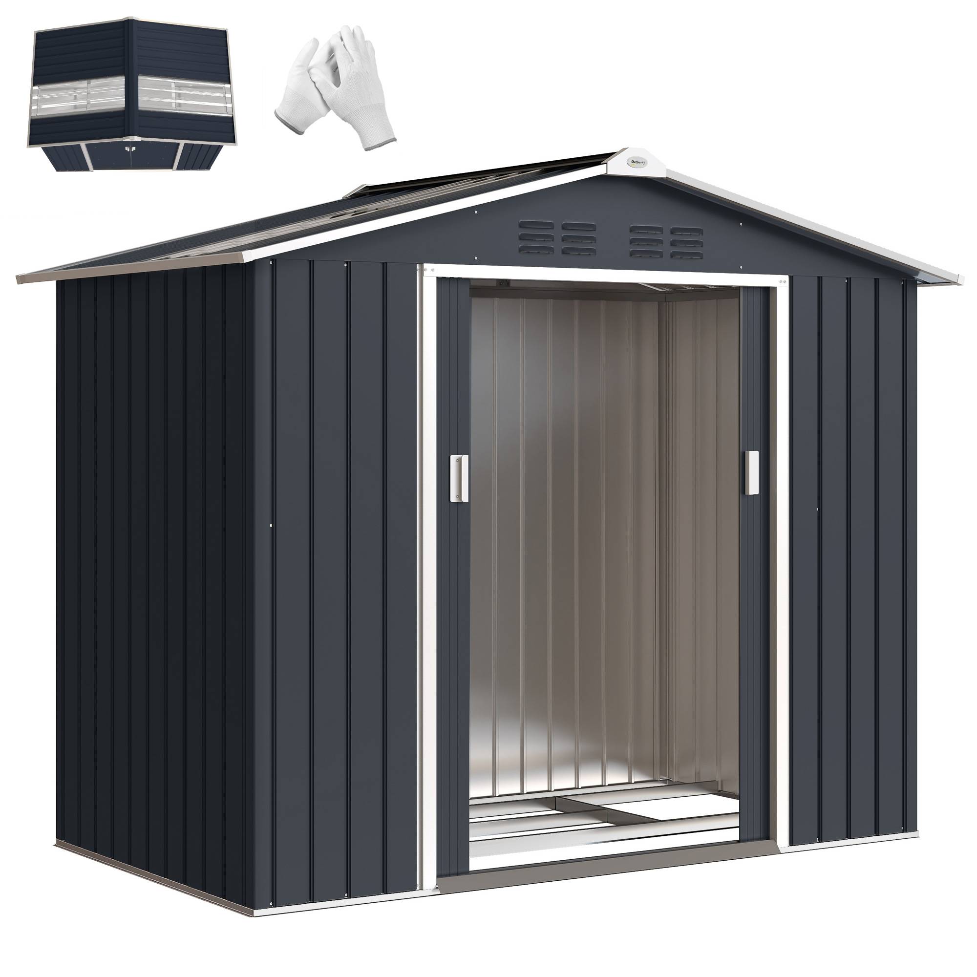 Abri de jardin en métal 2,77 m² cabane de jardin 213 x 130 x 185 cm avec fondation, porte coulissante gris foncé - Image 1
