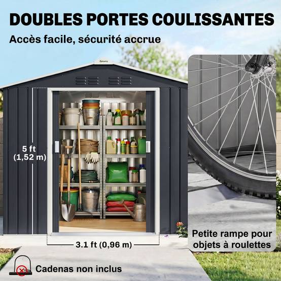 Abri de jardin en métal 2,77 m² cabane de jardin 213 x 130 x 185 cm avec fondation, porte coulissante gris foncé - Image 8