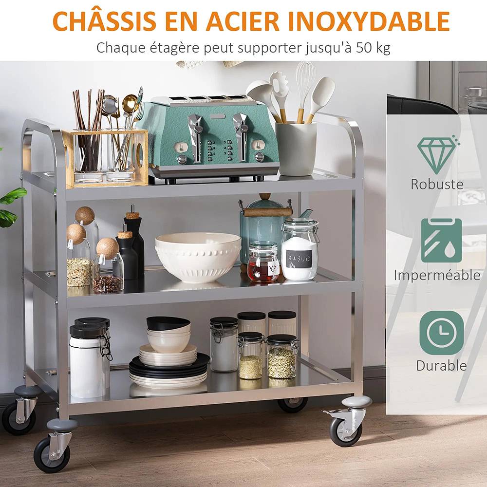 KOMHTOM - Chariot de service desserte de cuisine à roulettes 3 étagères 85L x 45l x 90H cm acier inox. chromé - Image 3