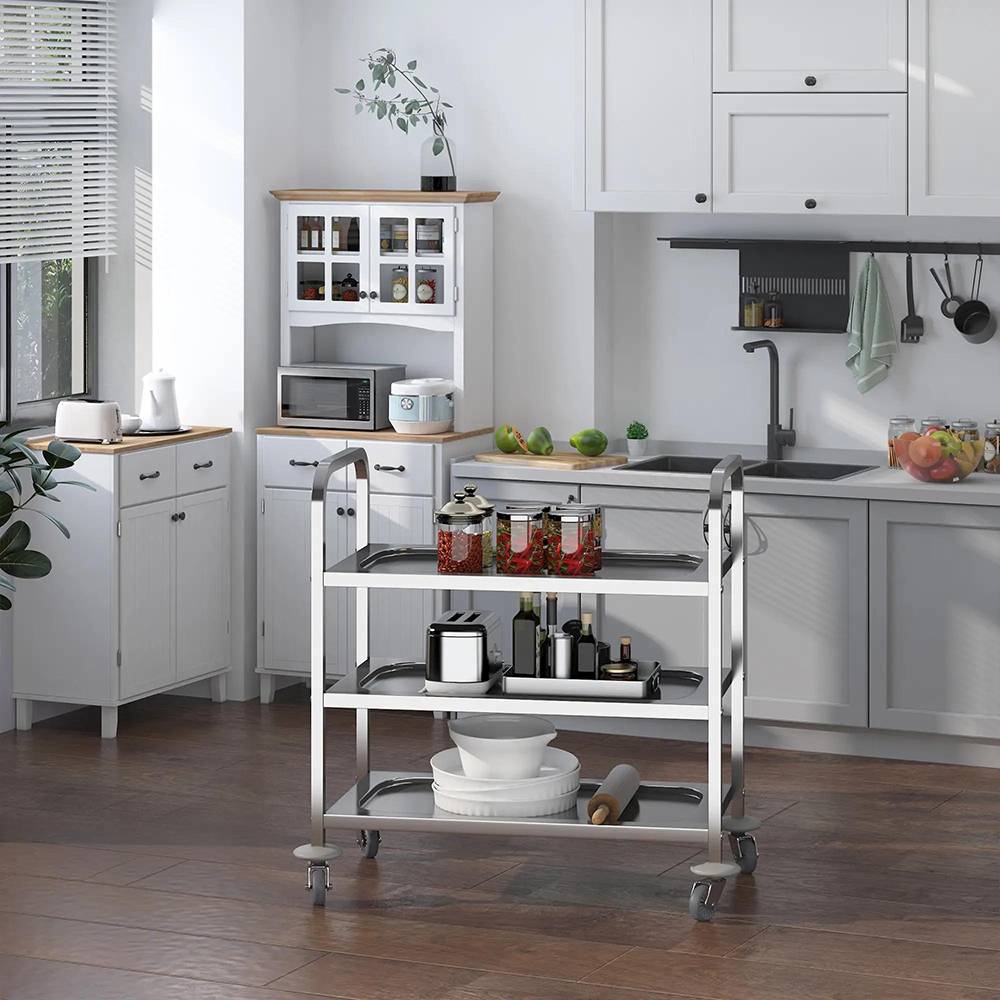 KOMHTOM - Chariot de service desserte de cuisine à roulettes 3 étagères 85L x 45l x 90H cm acier inox. chromé - Image 1