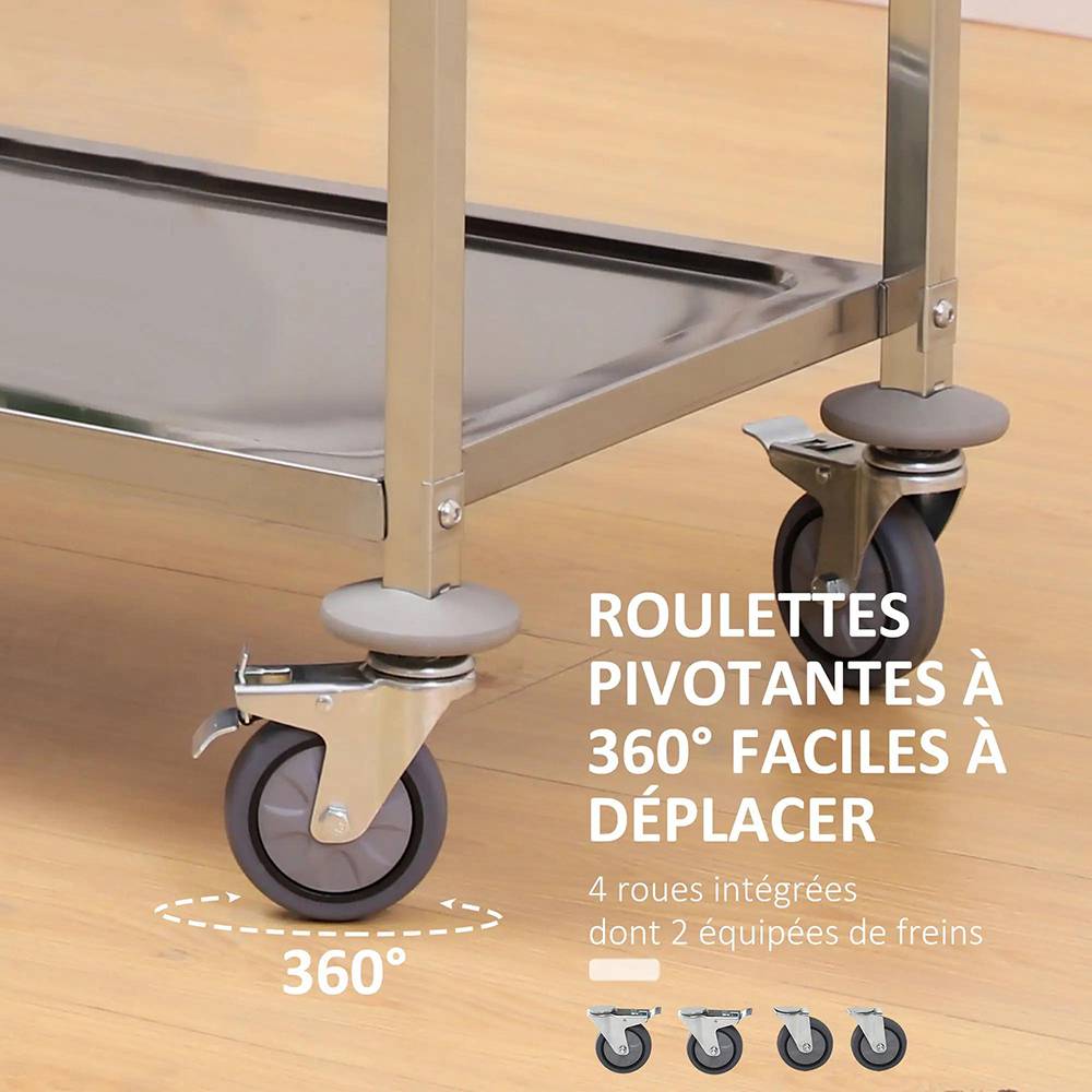 KOMHTOM - Chariot de service desserte de cuisine à roulettes 3 étagères 85L x 45l x 90H cm acier inox. chromé - Image 2