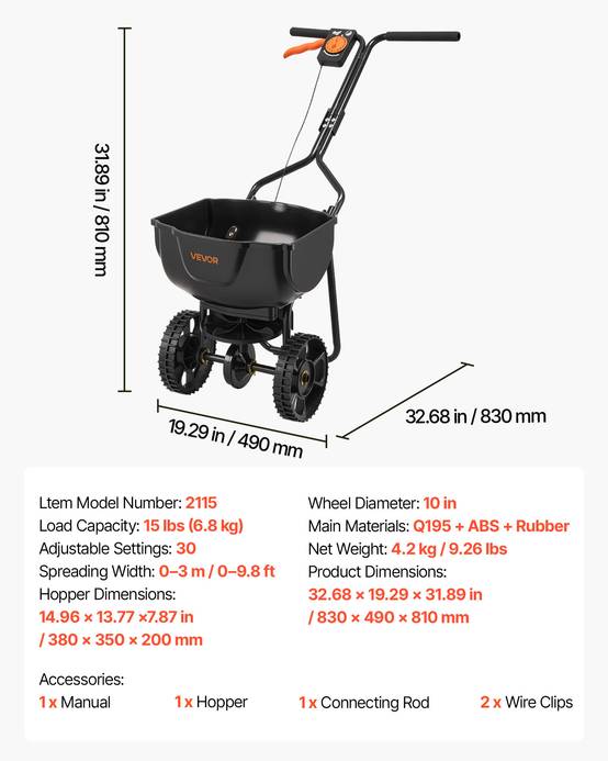 VEVOR Épandeur Engrais Semence Semoir à Pousser Capacité 6,8 kg Épandage 0-3 m - Image 7