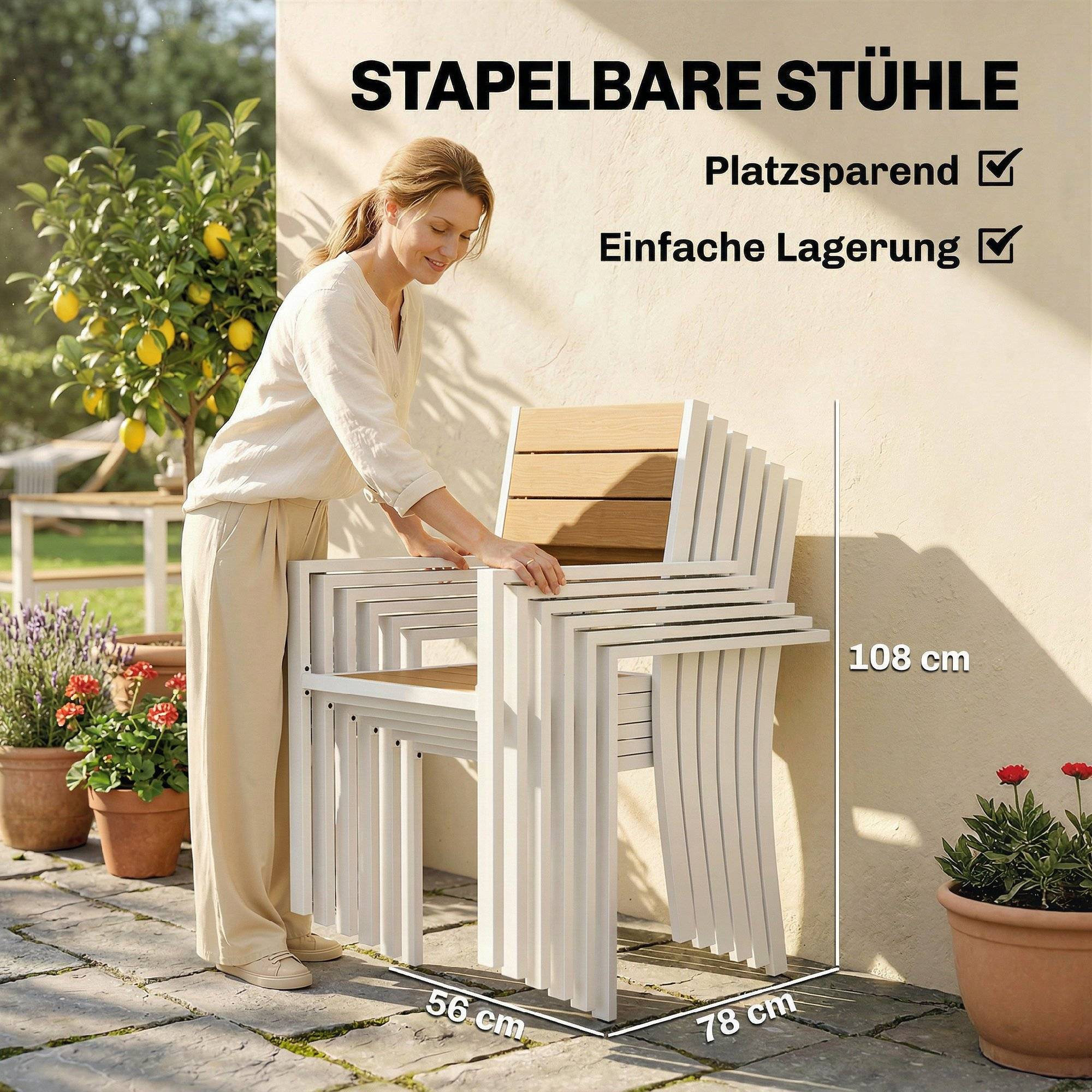 Ensemble de mobilier de jardin, salon de jardin, 7 pièces, table et 6 chaises empilables, aspect bois, structure en aluminium, teck - Image 8