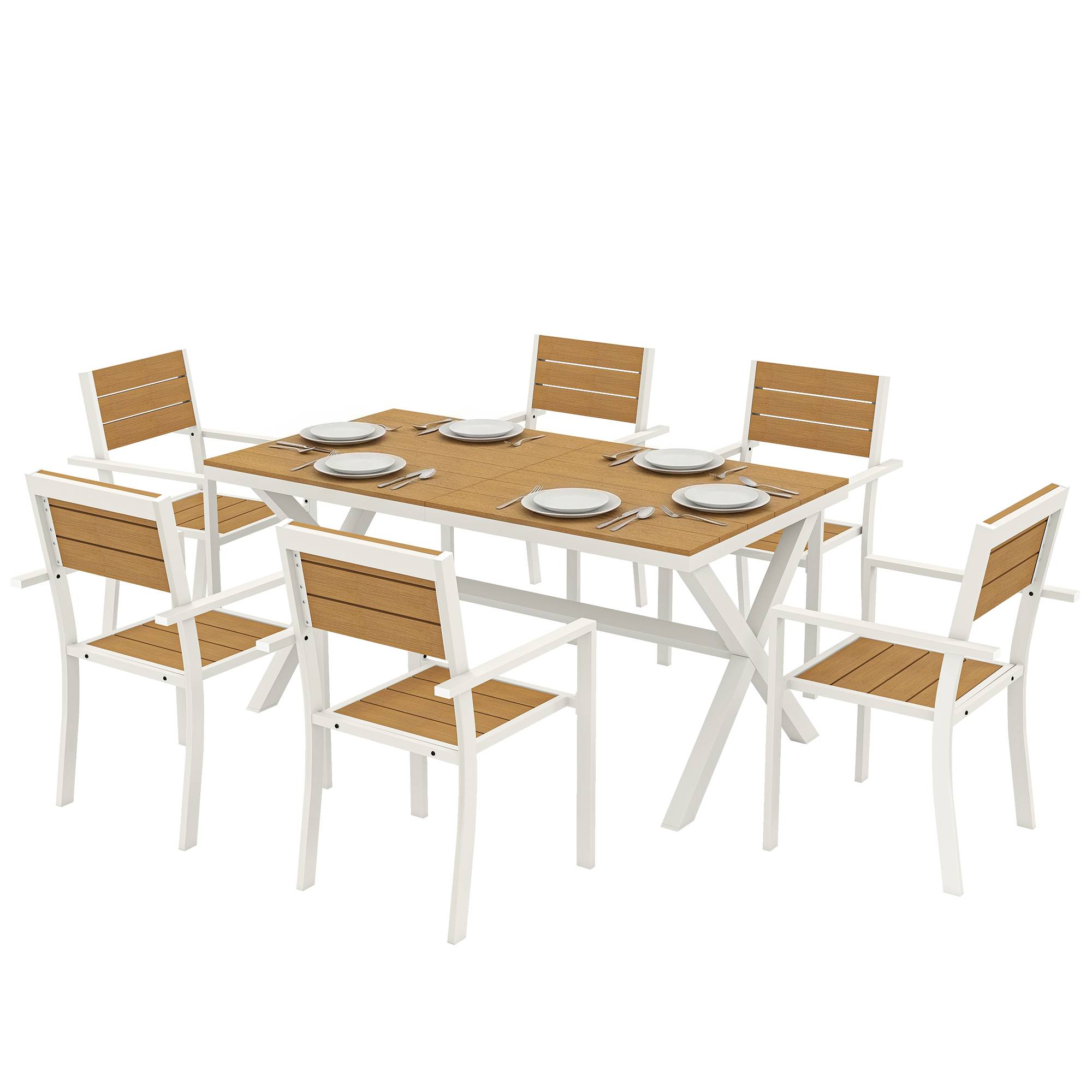 Ensemble de mobilier de jardin, salon de jardin, 7 pièces, table et 6 chaises empilables, aspect bois, structure en aluminium, teck - Image 2