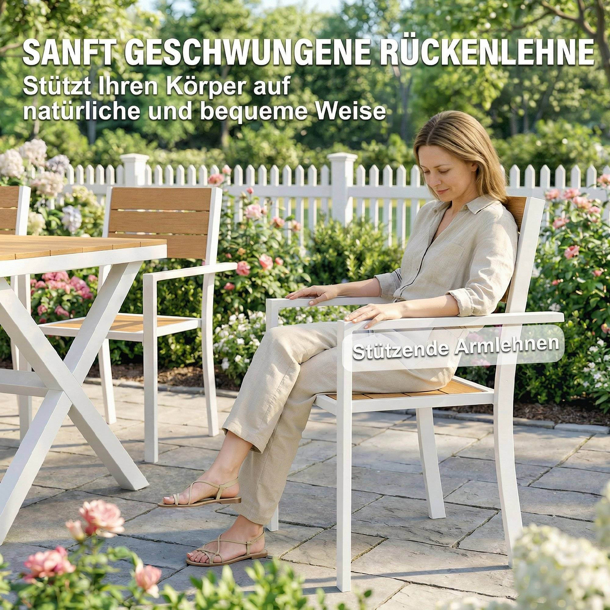 Ensemble de mobilier de jardin, salon de jardin, 7 pièces, table et 6 chaises empilables, aspect bois, structure en aluminium, teck - Image 10