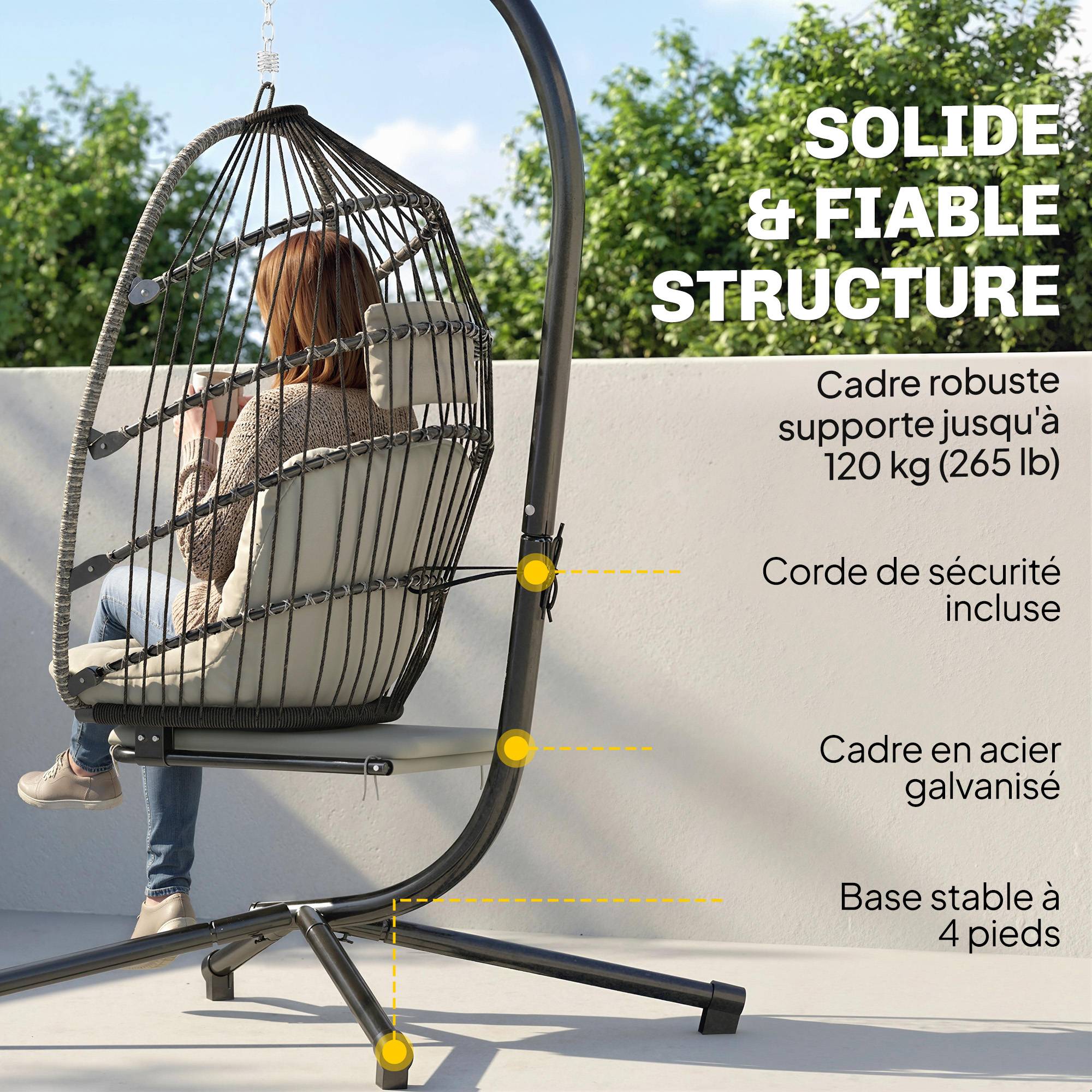 Fauteuil œuf suspendu acier galvanisé balcon salon repose-pieds pliable 117x100x200cm gris - ComfortXL Outdoor Living - Image 9