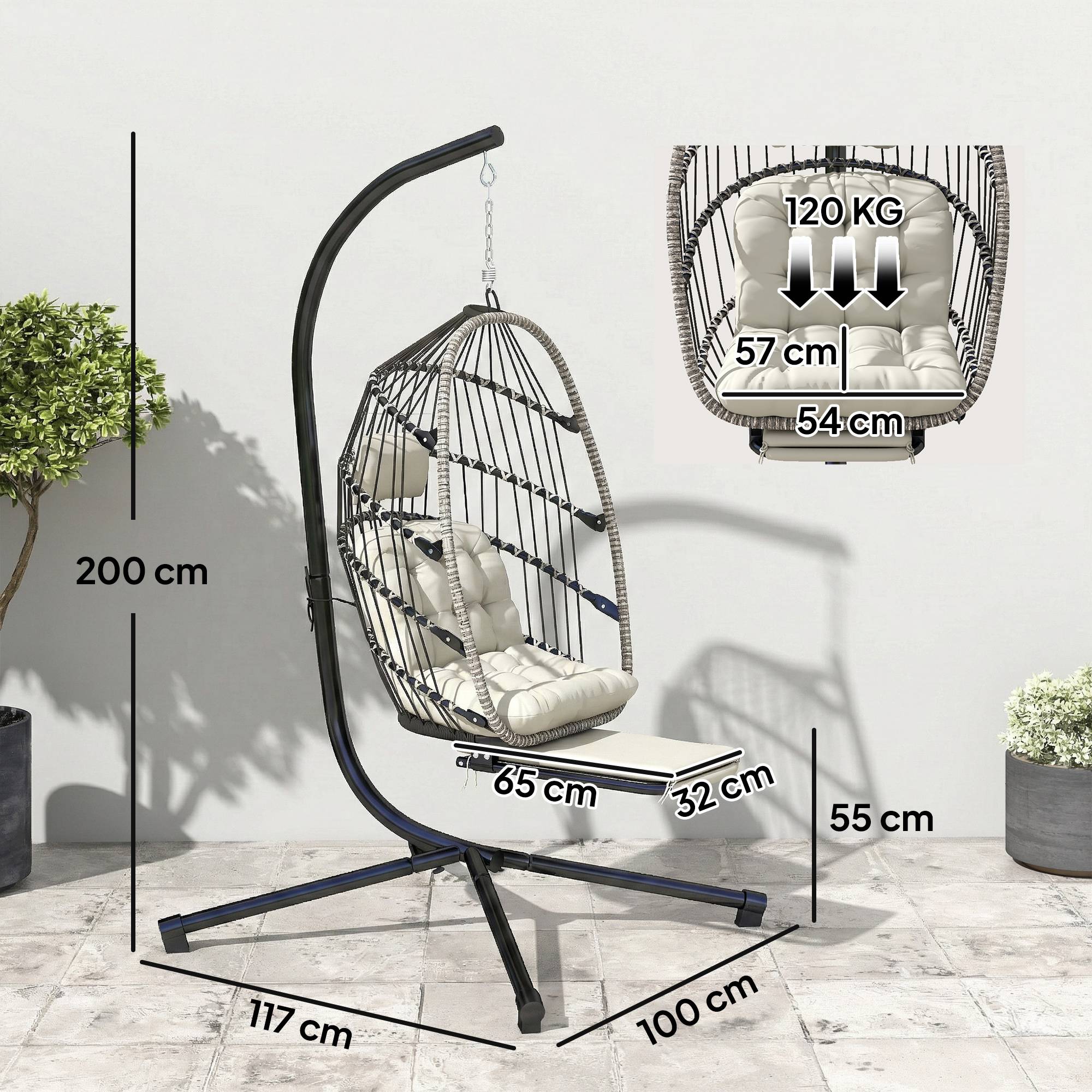 Fauteuil œuf suspendu acier galvanisé balcon salon repose-pieds pliable 117x100x200cm gris - ComfortXL Outdoor Living - Image 5