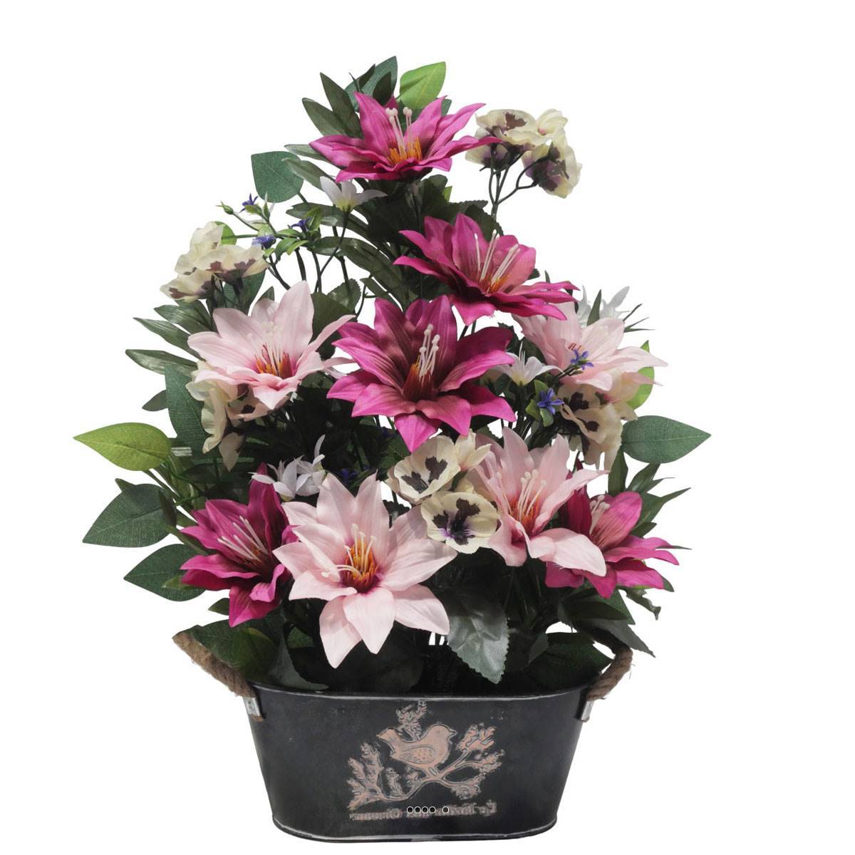Artificielles - Jardinière Zinc dahlia, Rose, Mini fleurs, Pensée et Ficus Rose fushia artificiels pour la Toussaint - couleur: Rose fushia 730 - Image 2