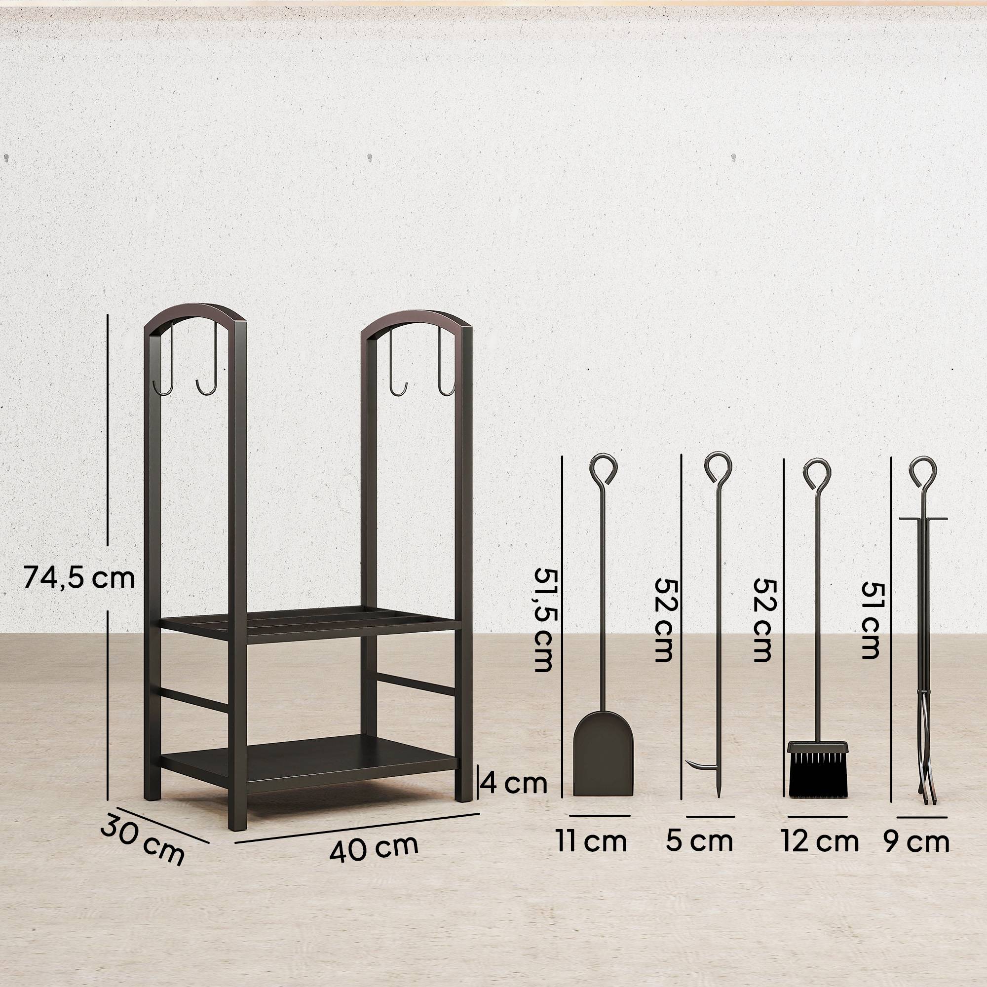 ComfortXL - Porte-bûches acier noir 40 x 30 x 74,5 cm 2 niveaux avec 4 accessoires pour cheminée rangement charge 100 kg - Image 3