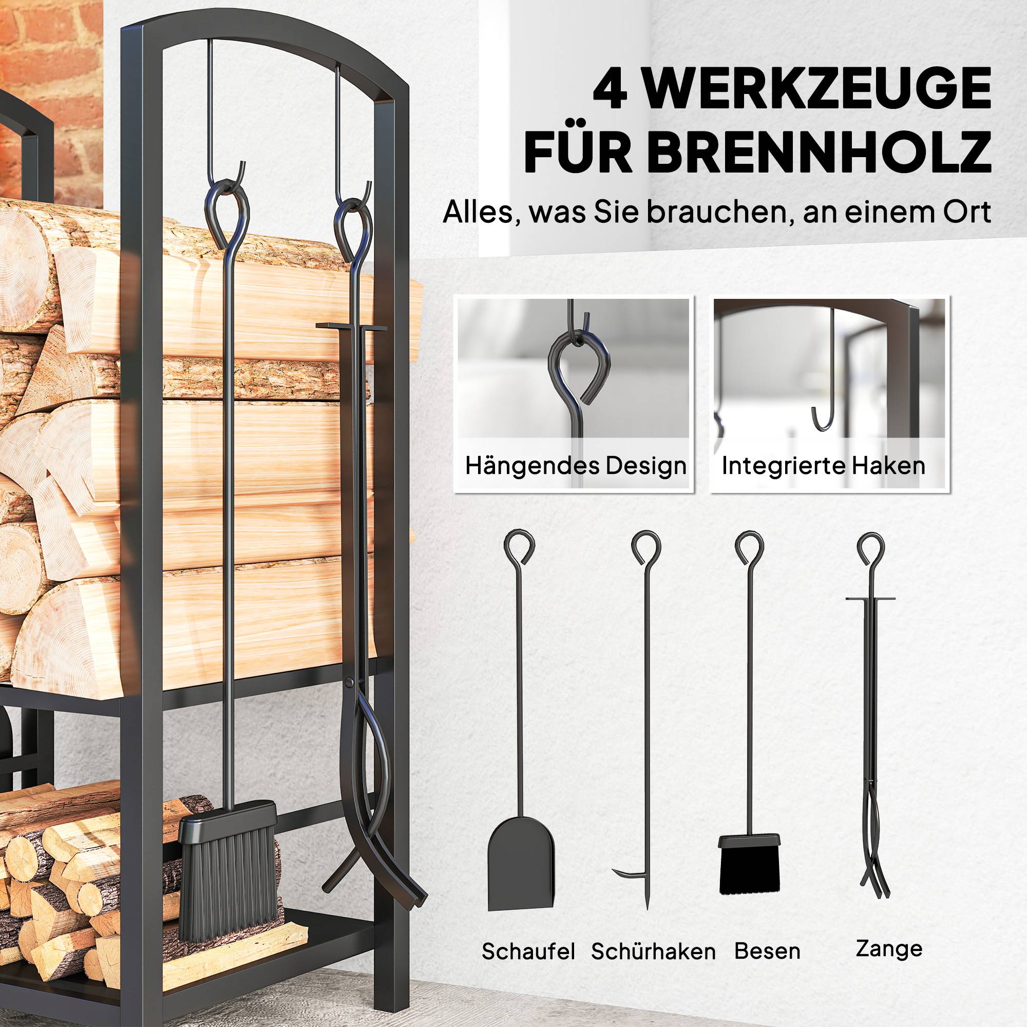 ComfortXL - Porte-bûches acier noir 40 x 30 x 74,5 cm 2 niveaux avec 4 accessoires pour cheminée rangement charge 100 kg - Image 5